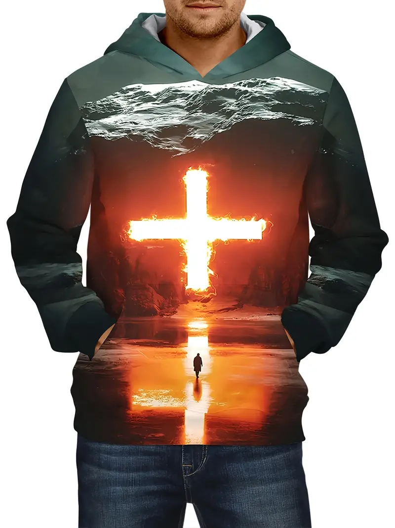 Plus Size Men's Glow Cross Figure Print Hooded Sweatshirt - Temu Austria