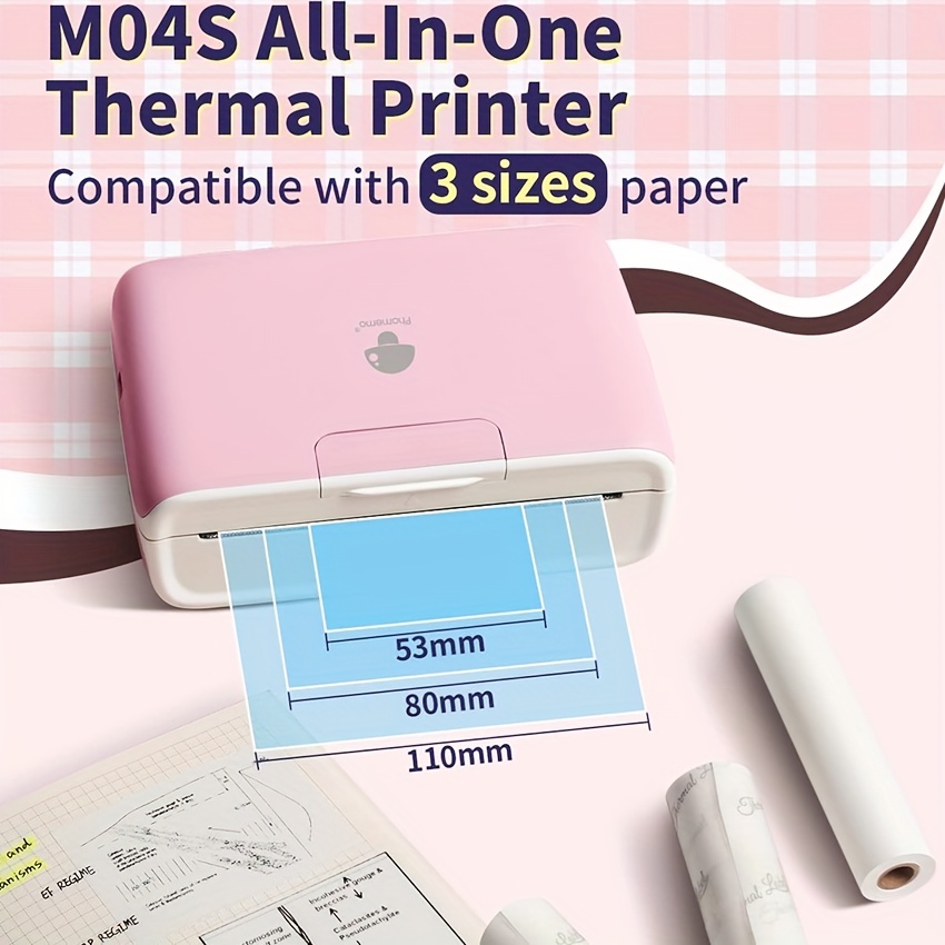 Imprimante thermique portable Phomemo M02S, imprimante de poche sans fil HD  300 dpi, impression de papiers de 3 tailles, compatible avec iOS 