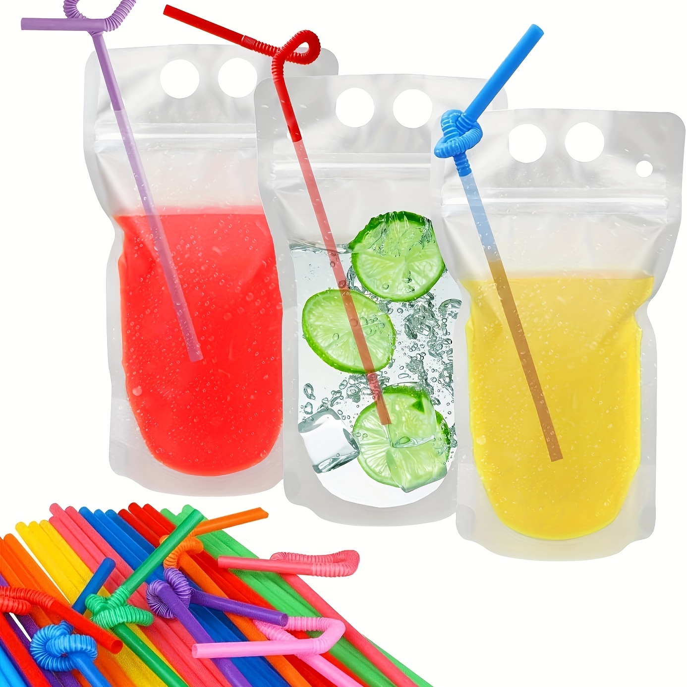 Ouddy 50 Pcs Drink Pouches, Juice Pouches for Adults, Reusable, Reclosable  Zipper Smoothie Bags for Cold & Hot Drinks with 50 Straws & Silicone Funnel