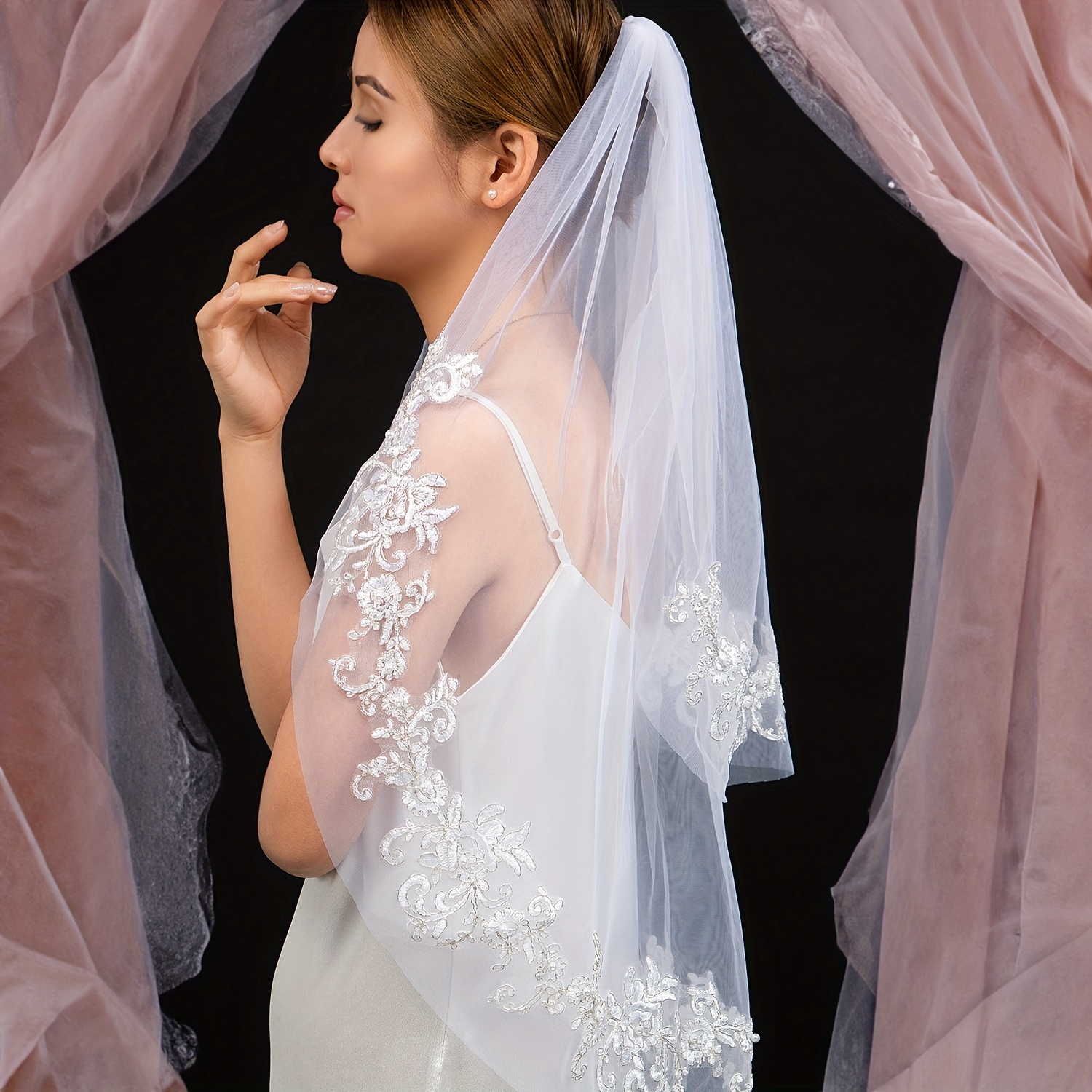 Lace Bridal Wedding Veil Double Layer With Hair Comb Bridal - Temu