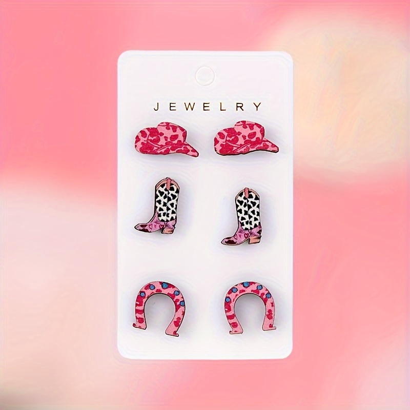 TEMU 3 Paires de Boucles d'Oreilles en Bois Nouvelle Série Denim Tendance Clou Couple Cœur Bijoux d'Oreilles Femme Cadeau de Fête