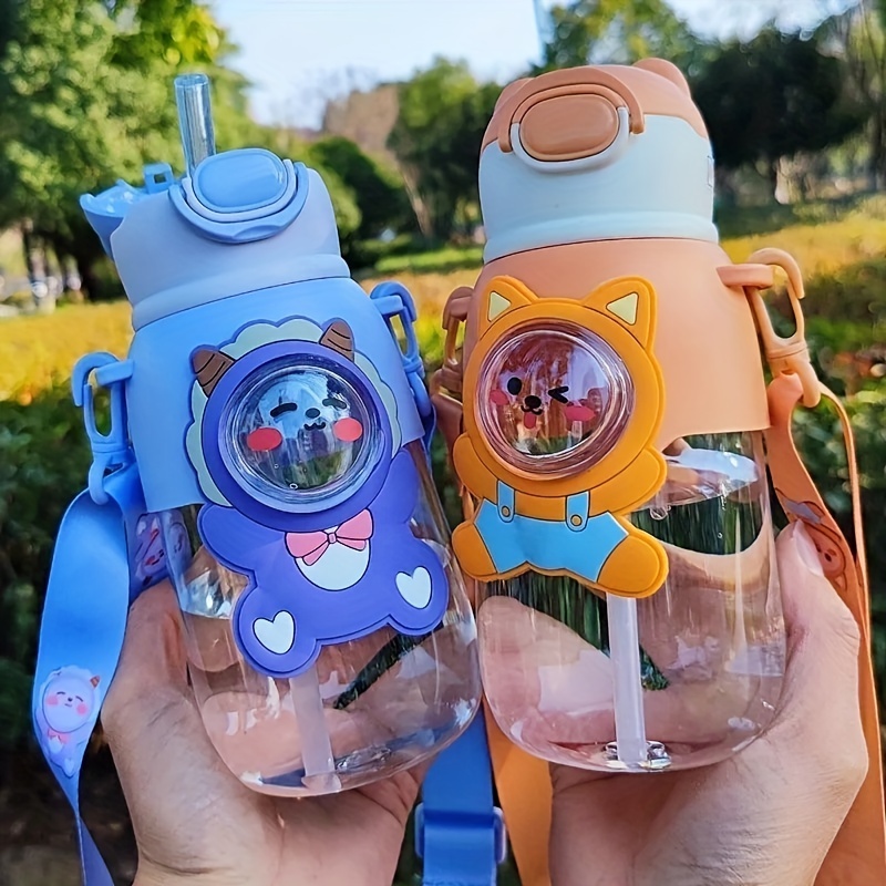 Botella de agua infantil, plástico, con pajita, animales adorables