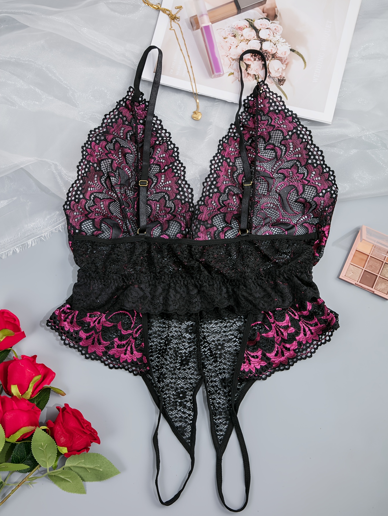 Torrid Satin Pink Floral Bodysuit Lingerie Plus Size 3 / 3X Black Lace  Intimates