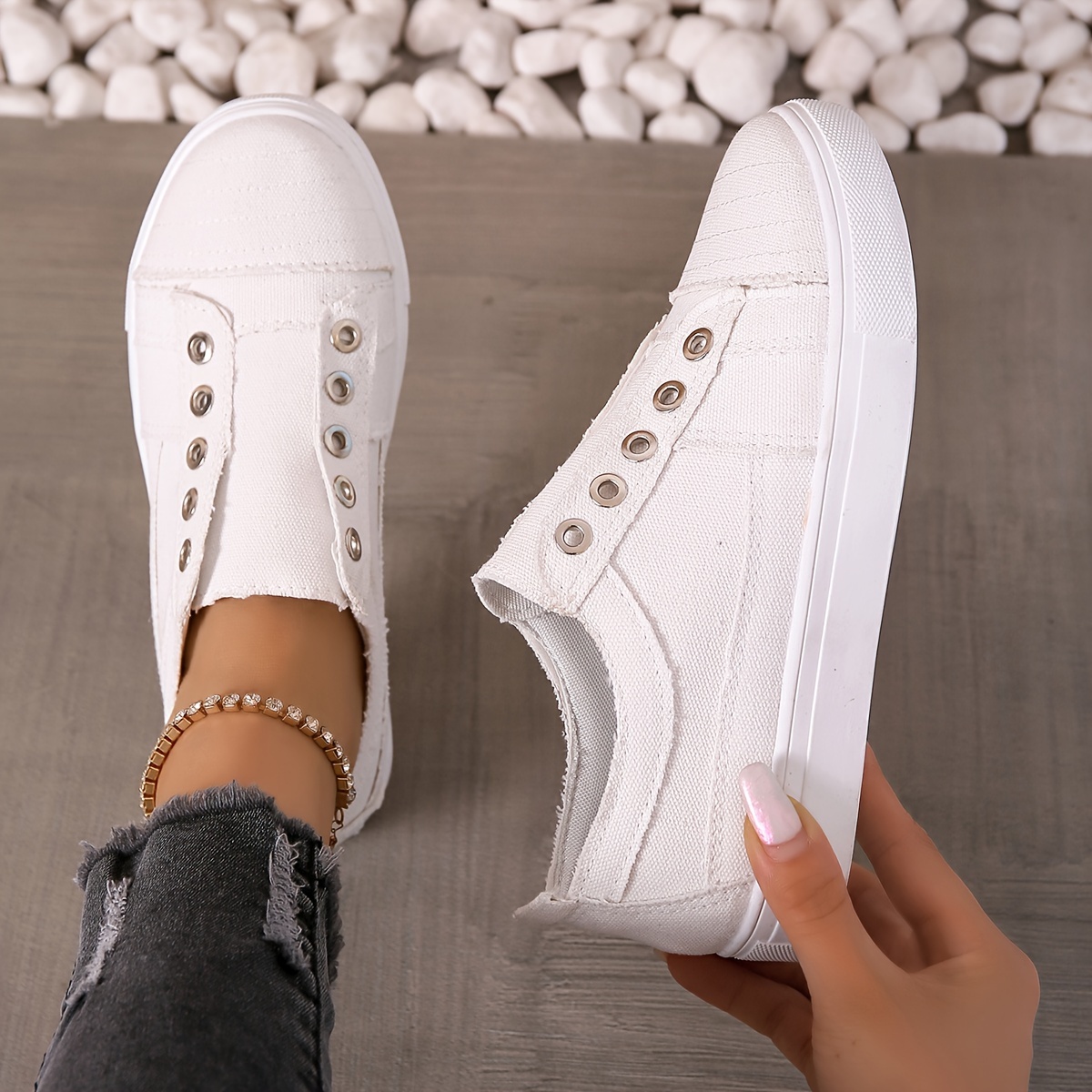 Women s Flat Canvas Shoes Round Toe Low Top Slip Skate Shoes Temu