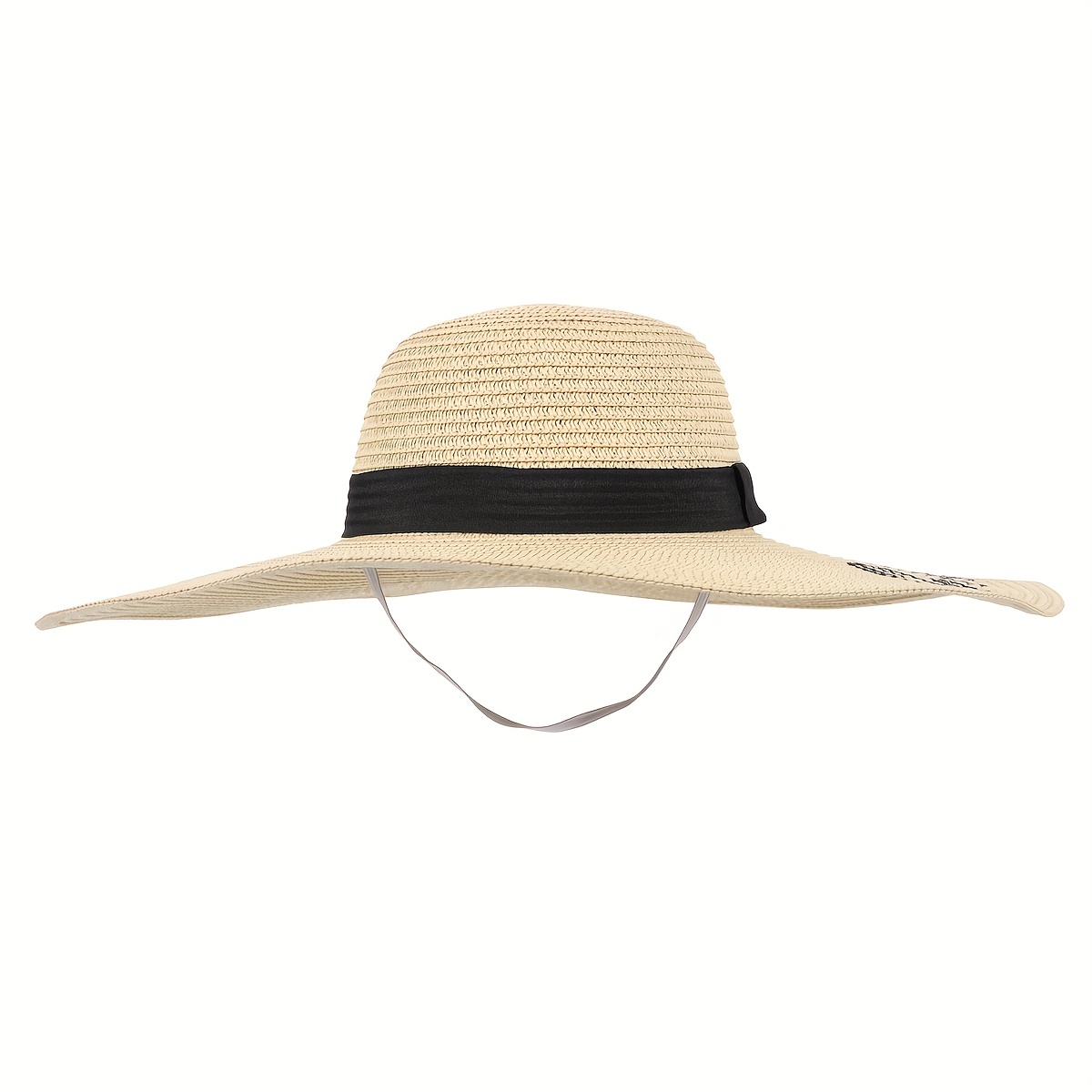 Embroidered Sun Hat Wide Brim Beige Straw Hat