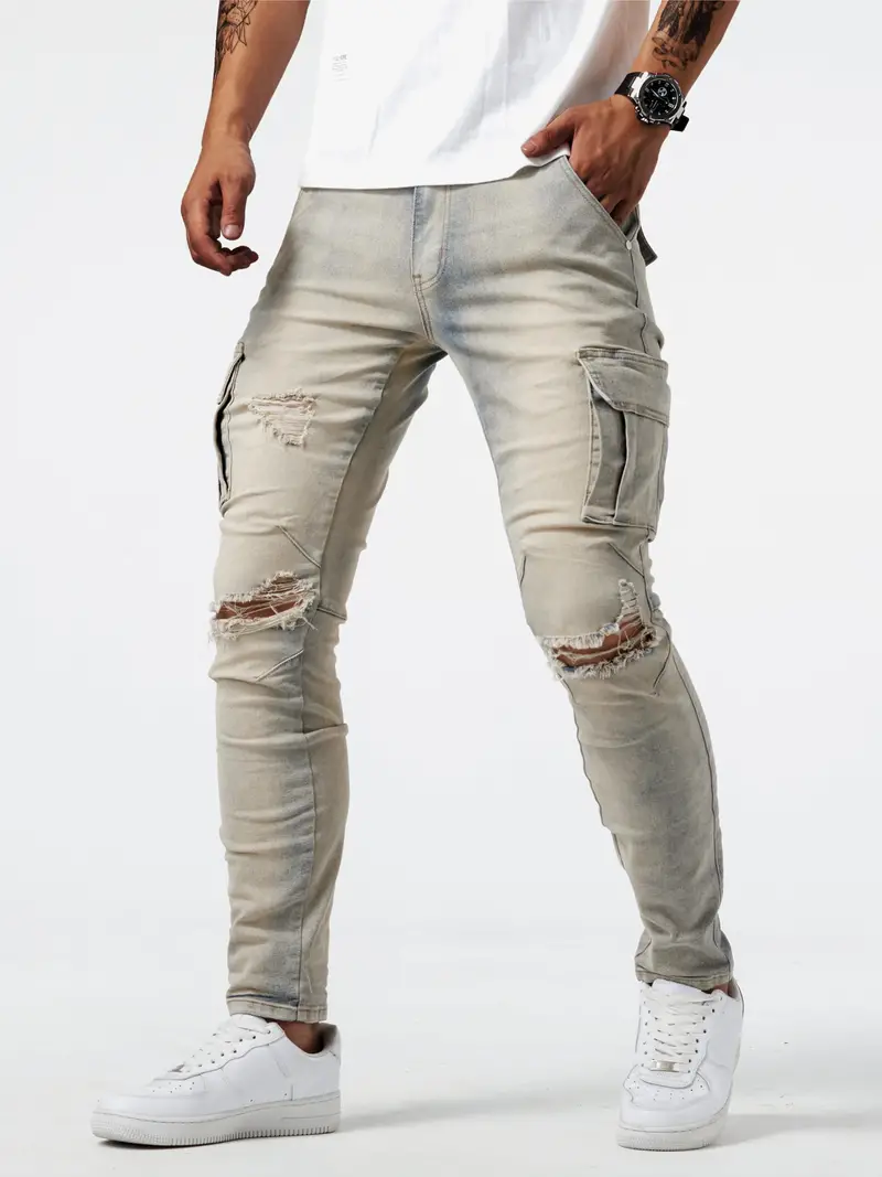 Slim Fit Multi Pocket Jeans Herren Casual Street Style High - Temu Germany