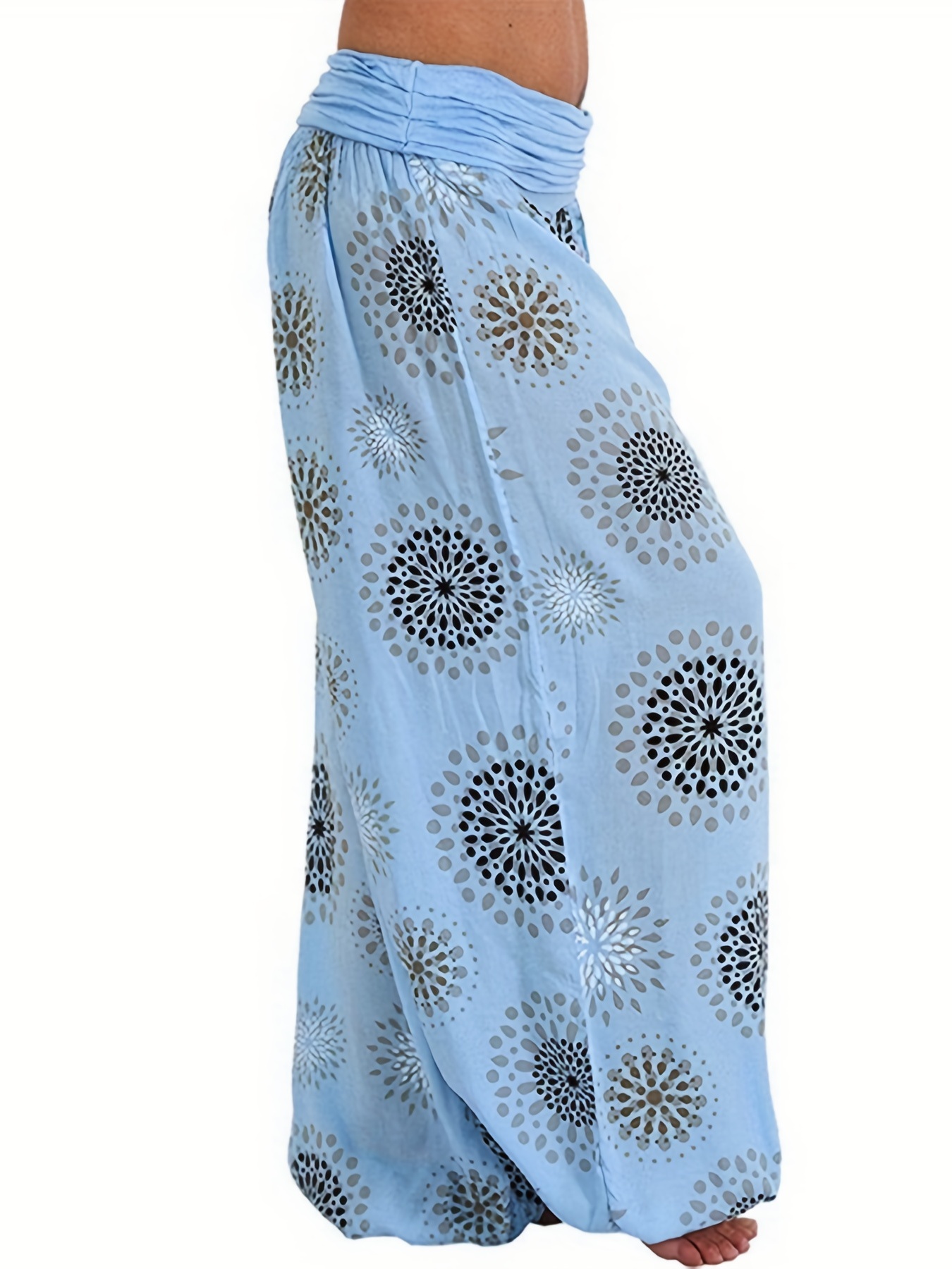 Boho Shirred Waist Drop Crotch Blue Patterned Harem Pants – Los