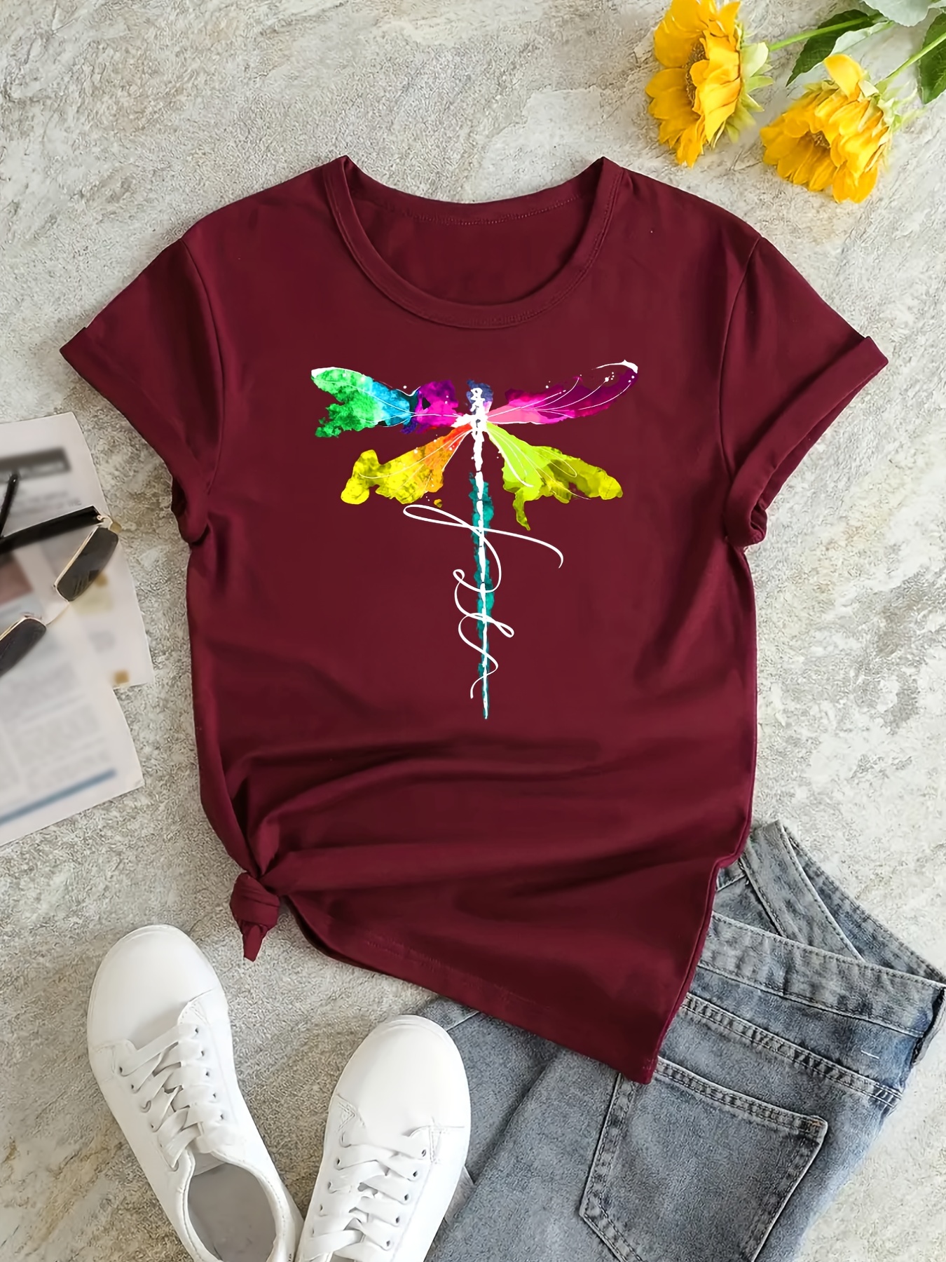 Dragonfly Print Crew Neck T shirt Casual Short Sleeve T - Temu Canada