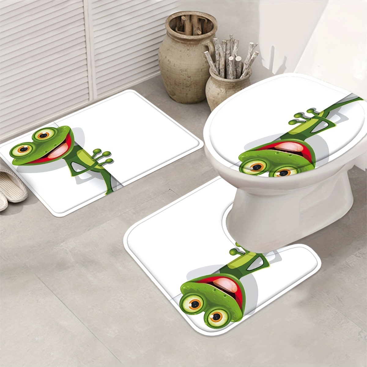 1/4pcs Cute Frog Pattern Shower Curtain, Waterproof Shower Curtain With 12  Hooks, Bathroom Rug, Toilet U-Shape Mat, Toilet Lid Cover Pad, Bathroom Dec