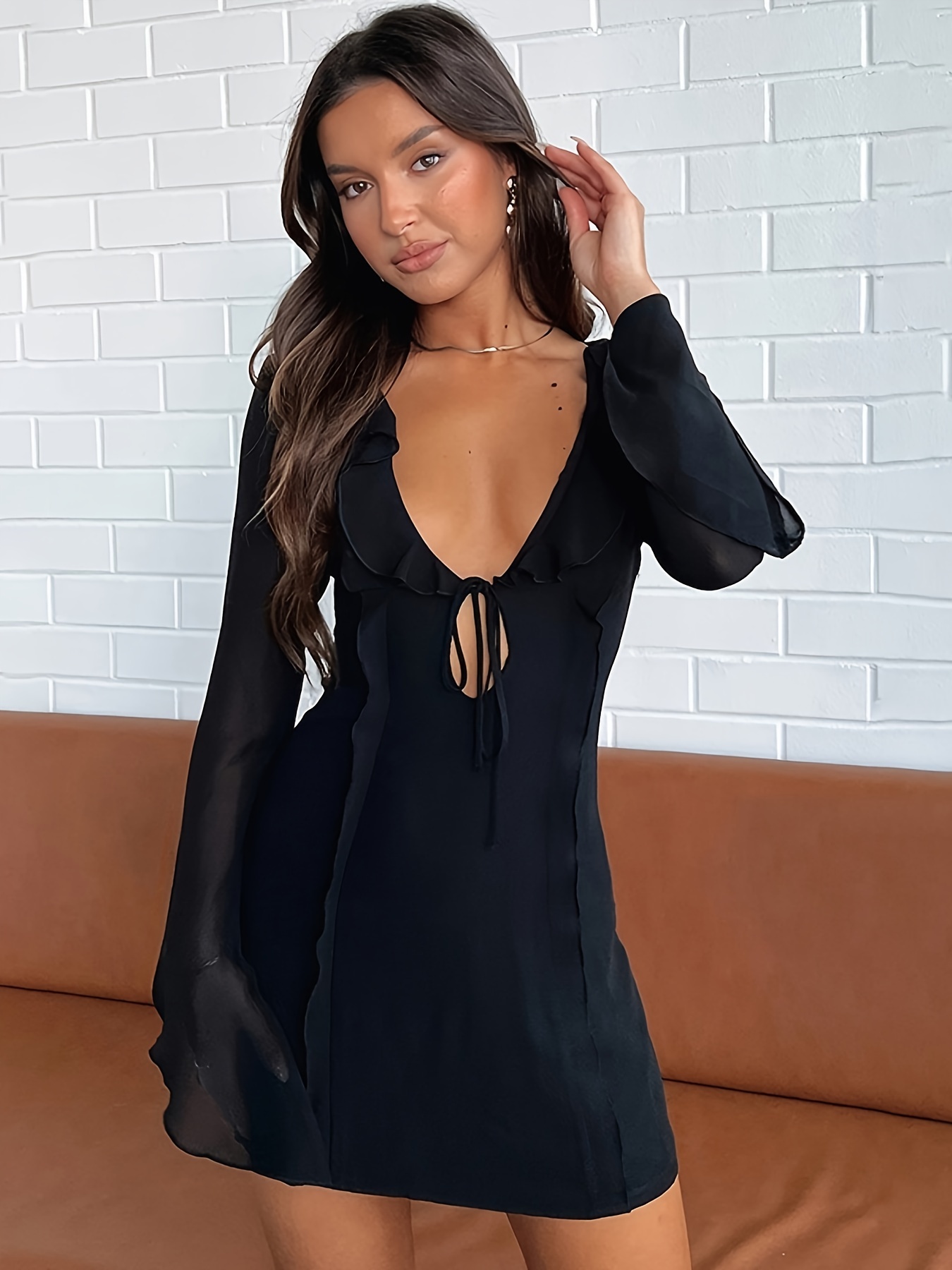 Lace up outlet v neck dress