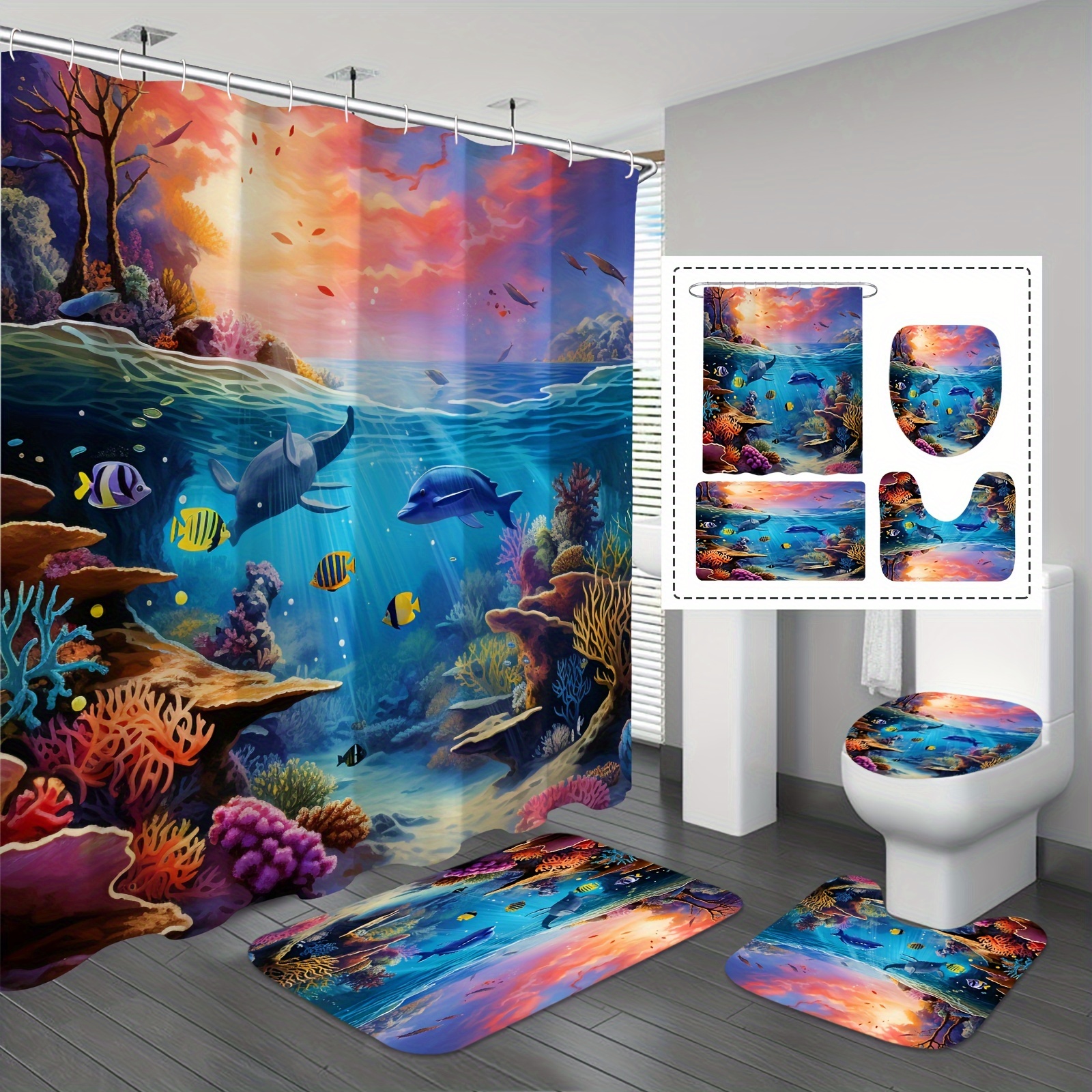 Cartoon Tropical Fish Shower Curtain Mats Underwater Coral - Temu