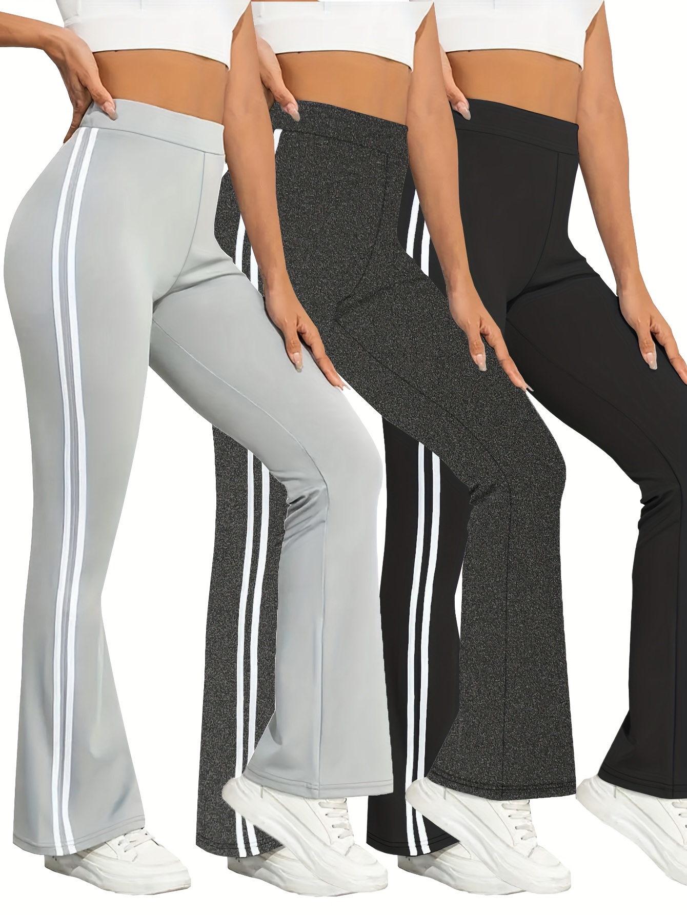 3 pcs womens sports pants set plus size contrast striped high waist stretchy flare leg fitness pants 3 piece set