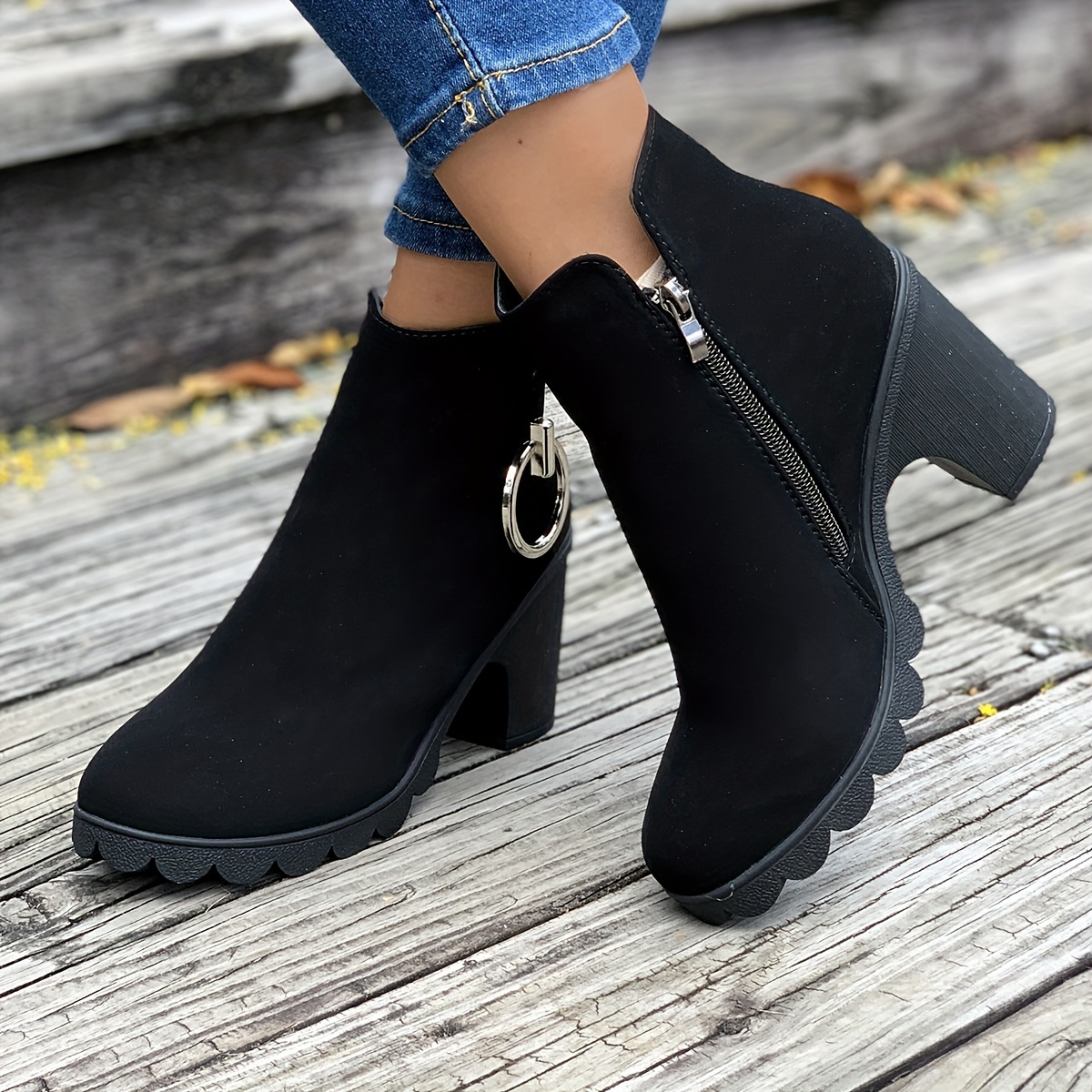 Women's Chunky Heeled Ankle Boots, Fashion Round Toe Side Zipper Booties,  All-Match High Heeled Short Boots