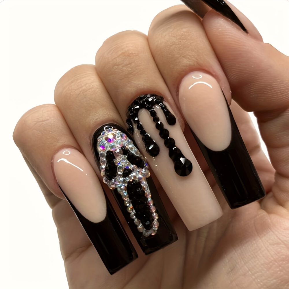 Extra Long Coffin Fake Nails Glossy Black French Tip - Temu