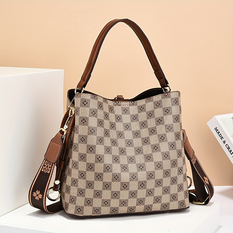 Retro Checkered Pattern Bucket Bag, Faux Leather Crossbody Bag
