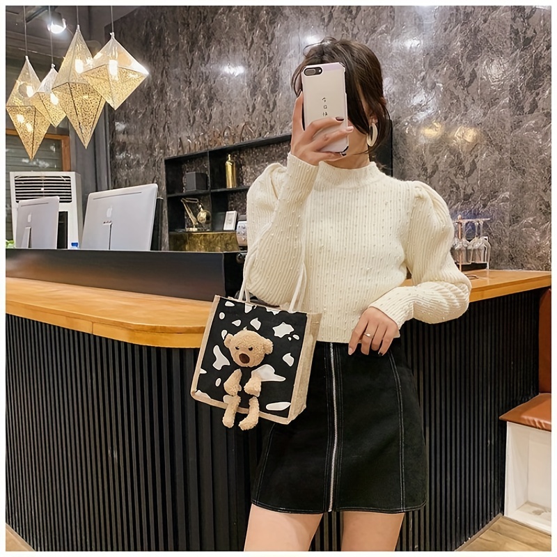 Plush Bear Doll Tote Bag - Cartoon Pattern Handbag