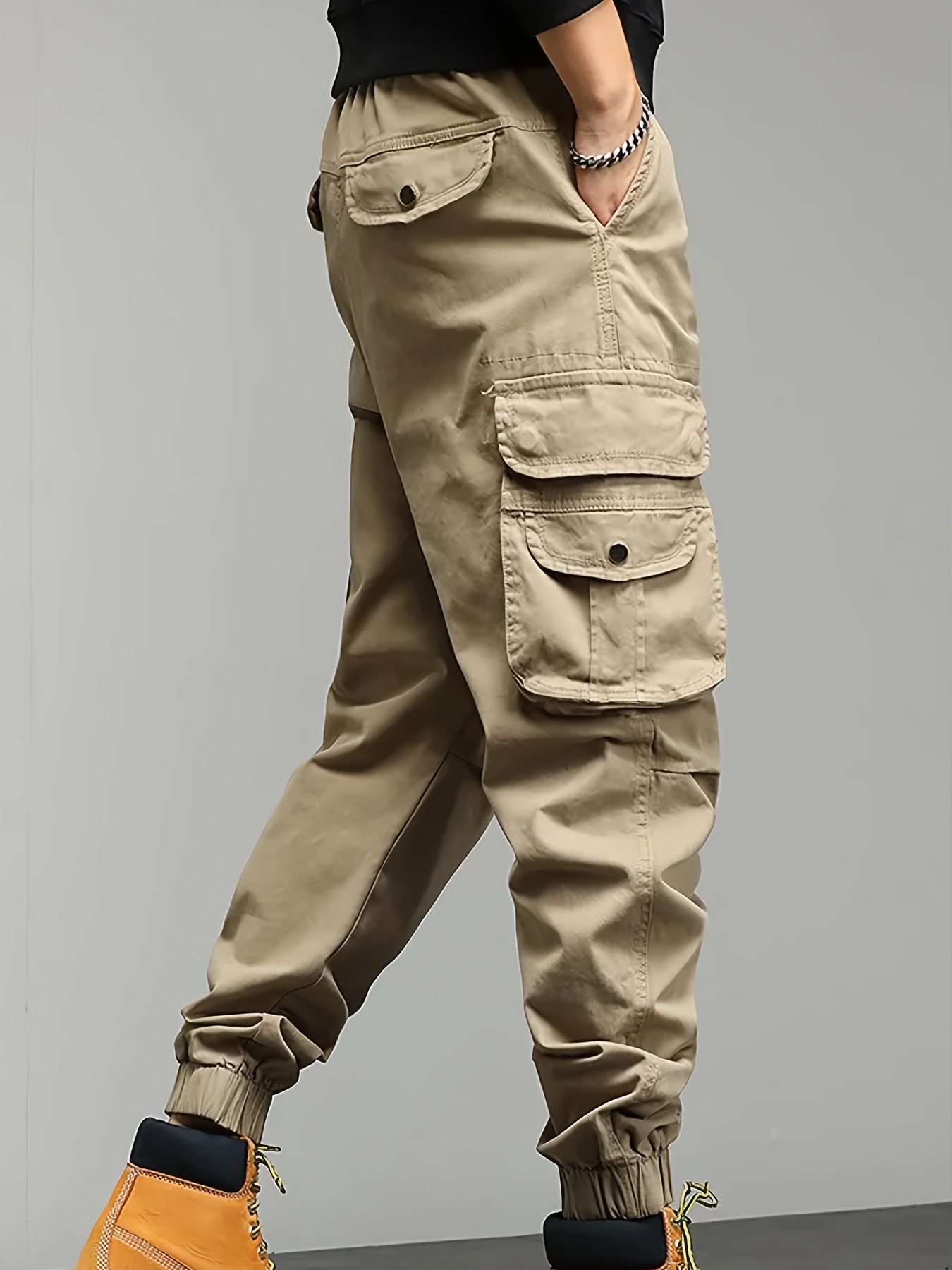 Multi Flap Pockets Drawstring Cargo Jogger Techwear Pants In KHAKI