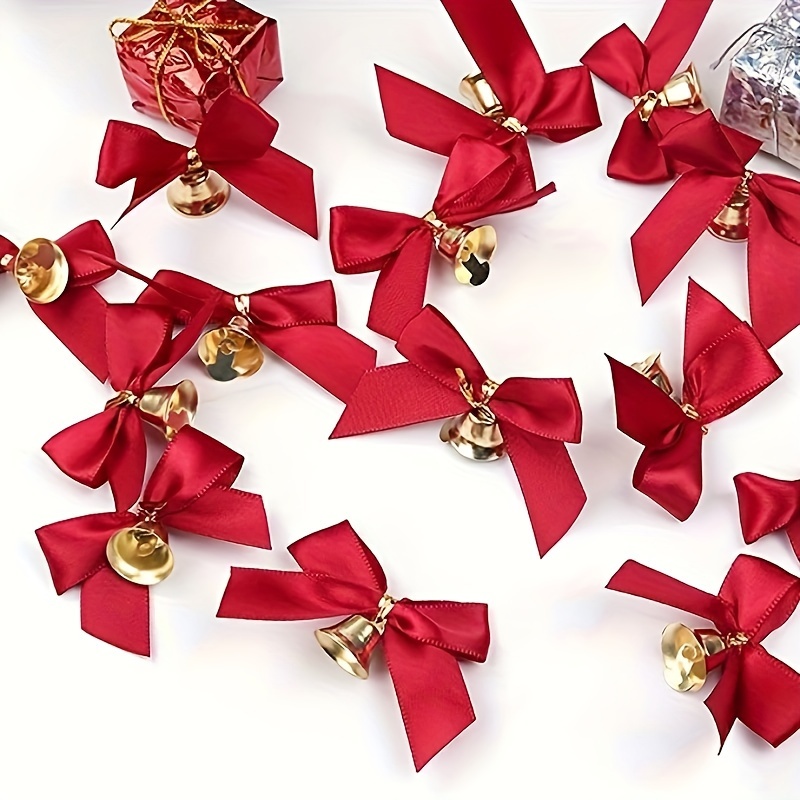 24pcs Red Satin Ribbon Bows with Bells - Mini Christmas and New Year Decorations, Perfect for Gift Wrapping, Shoes, Jewelry, and Holiday Party Accessories, Gift Ribbon, Ribbon For Craft, Ribbon, Christmas Wrapping Accessories, Christmas Craft Supplies, Christmas Bow