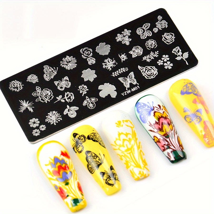 Image of Nail Printing Tool Flower Christmas Snowflake Christmas Tree Snowman Rose Edge Stripe Lace Pattern Rubbing Template Nail Printing Template Steel Plate Yzw-m01