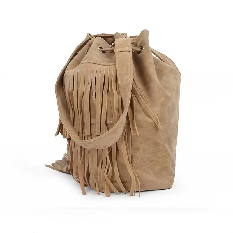 Brown Vegan Leather Vintage Fringe Bag Tassels Crossbody Bucket