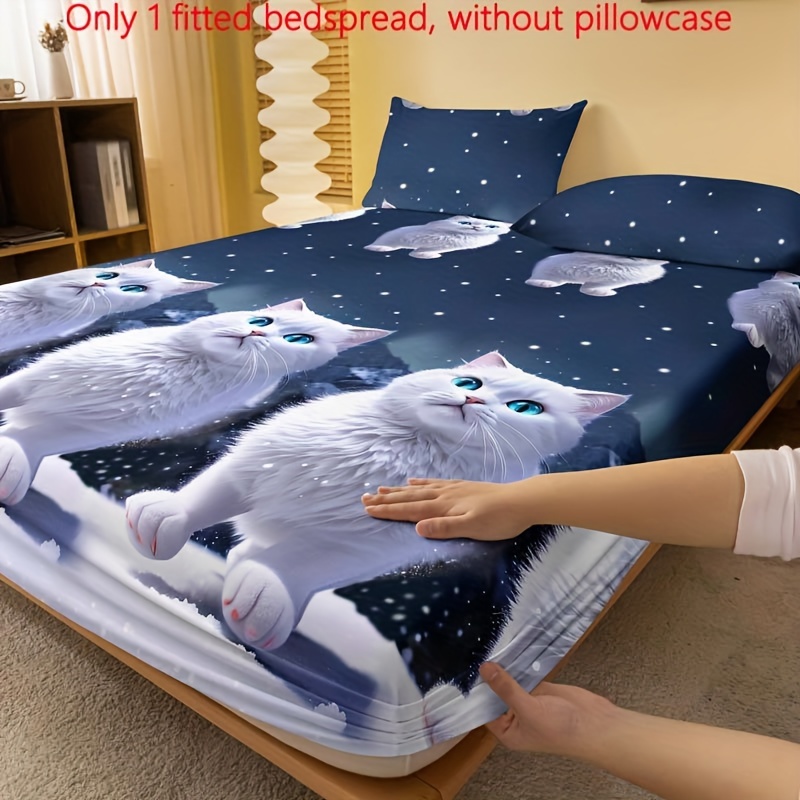 

1pc Brushed Fitted Sheet (without Pillowcase), Snow White Cat Print Soft Comfortable Bedding Mattress Protector, For Bedroom, Guest Room, With Deep Pocket, Fitted Bed Sheet Only