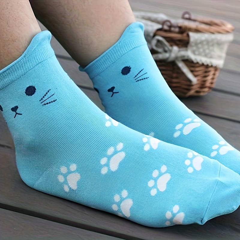 Women 100% Cotton Cute Cartoon Cat Dual Ears Footprints Print Tube Socks