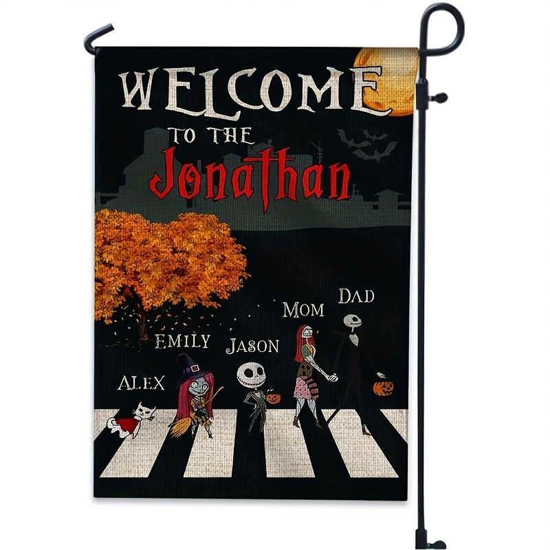 1pc 12x18 Inch Welcome To Our Nightmare Family Horror D￩cor Halloween Flag Sign Vertical Jack Sally Garden Flag House Flag For Yard Farmhouse Outdoor No Metal Brace details 1