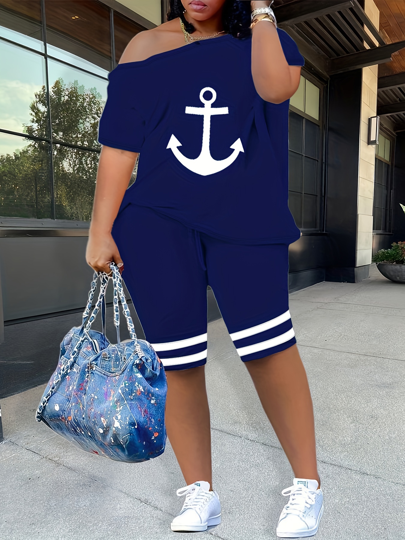Plus Size Casual Outfits Set Women's Plus Anchor Print One - Temu  Philippines