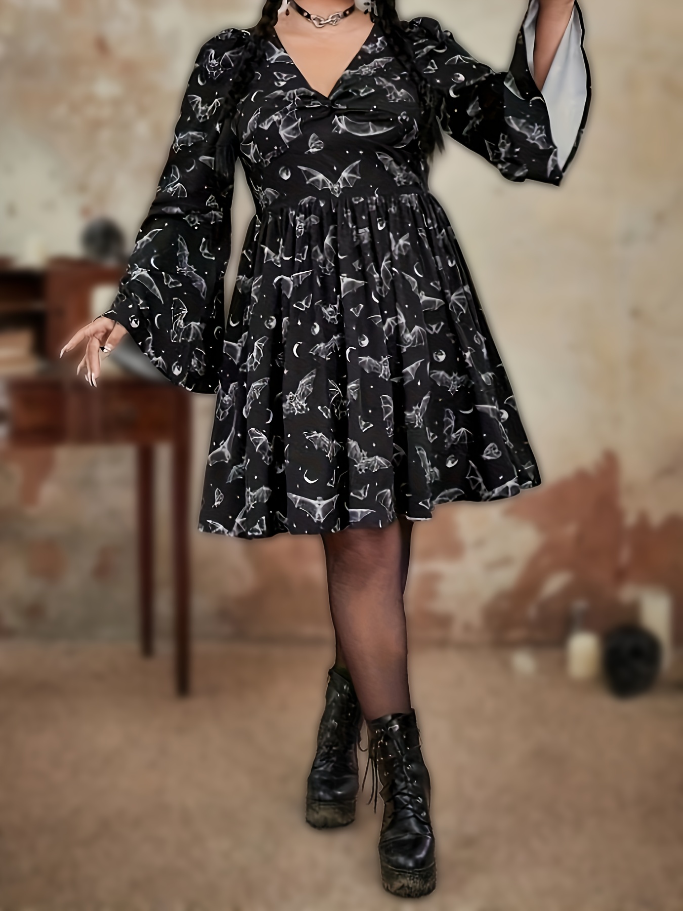 Bat Trumpet Sleeve Dress