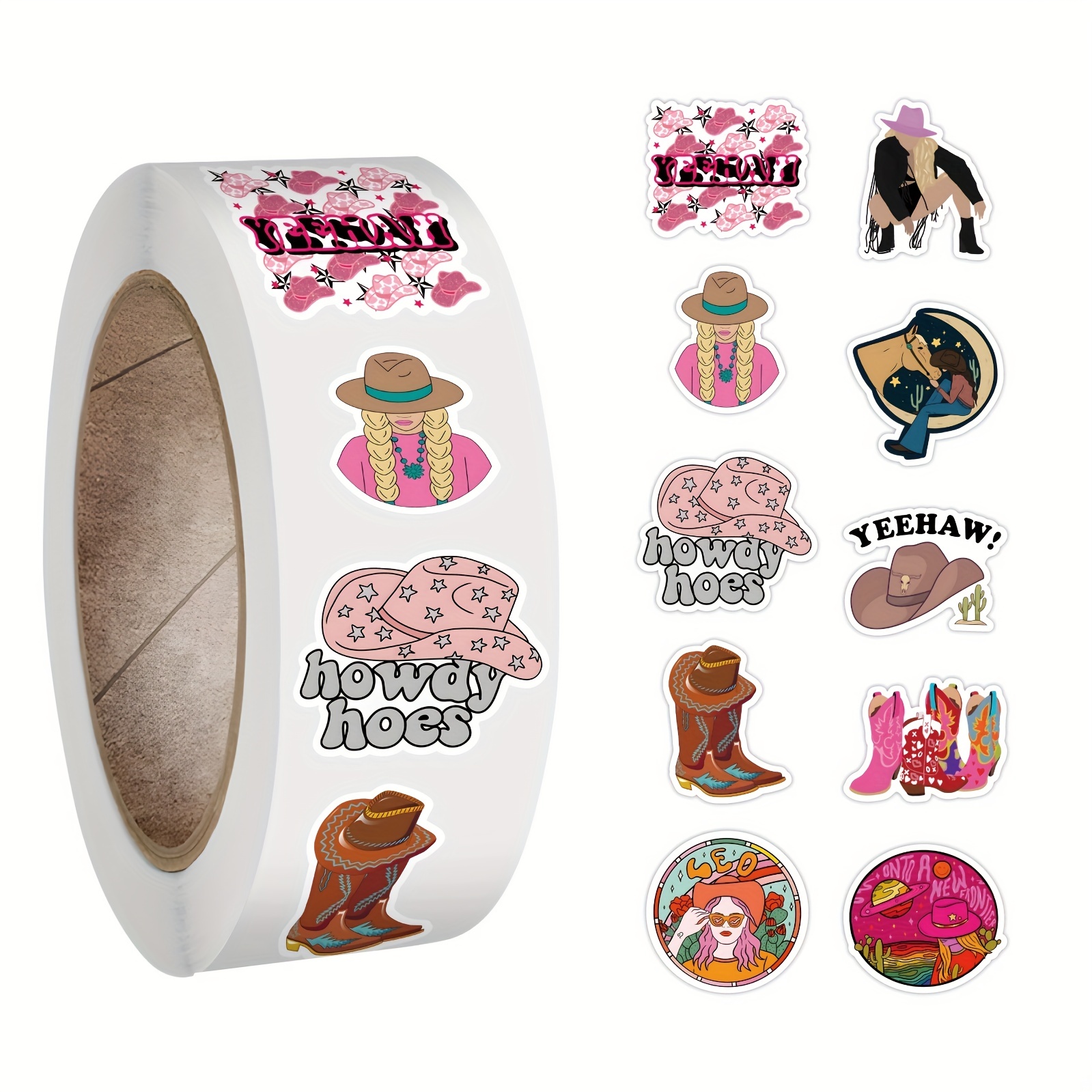 500PCS Cowgirl Stickers Roll,Pink Cowgirl Hat Cowgirl Boots  Stickers,Perfect For Water Bottle Laptop Scrapbooking Decals Cowgirl Gift