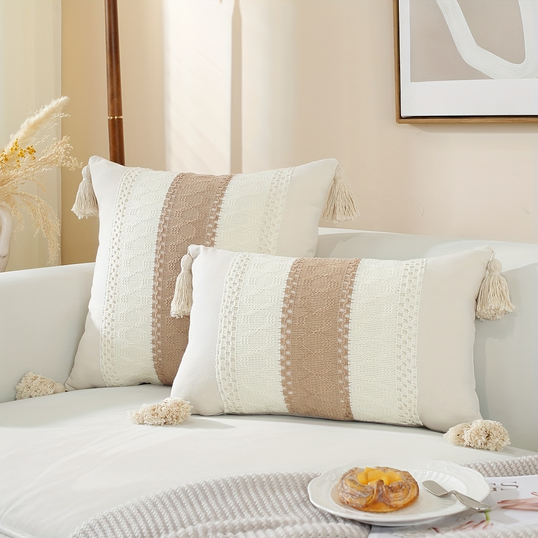 18x18 Neutral Pillow Cover With Tassels, Farmhouse Pillow