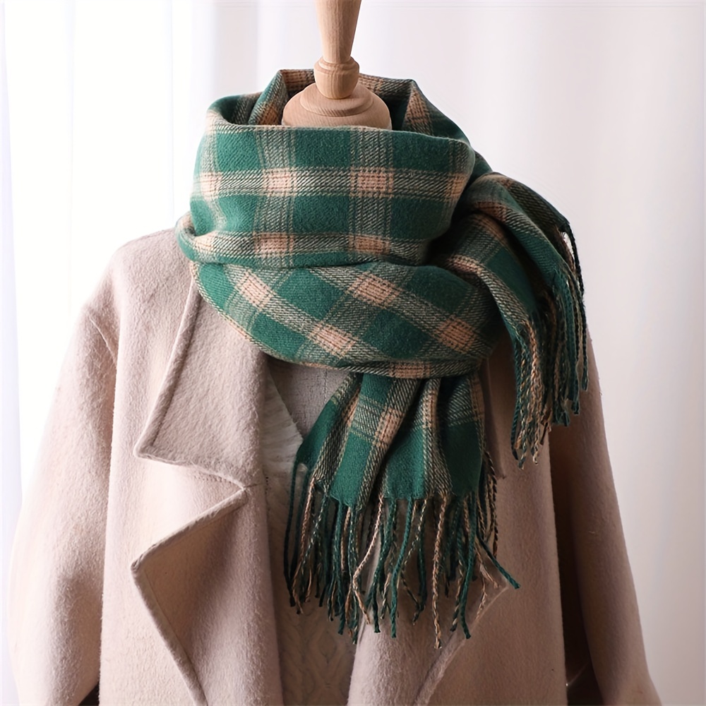 1pc Classic Fashionable Women's Brown Plaid Tassel Scarf With Two