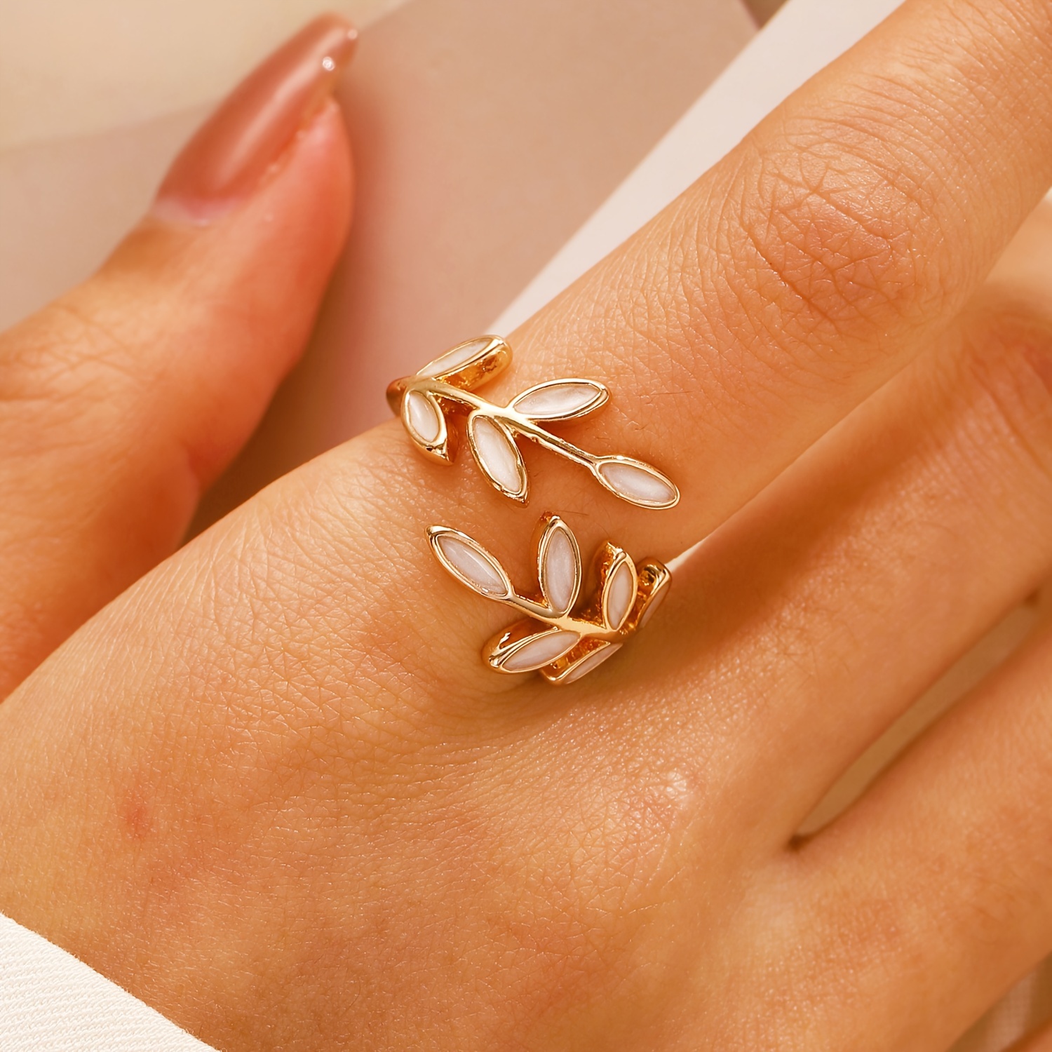 personality luxury drop glaze style leaf open ring 14k plated ring hand jewelry ornament details 1