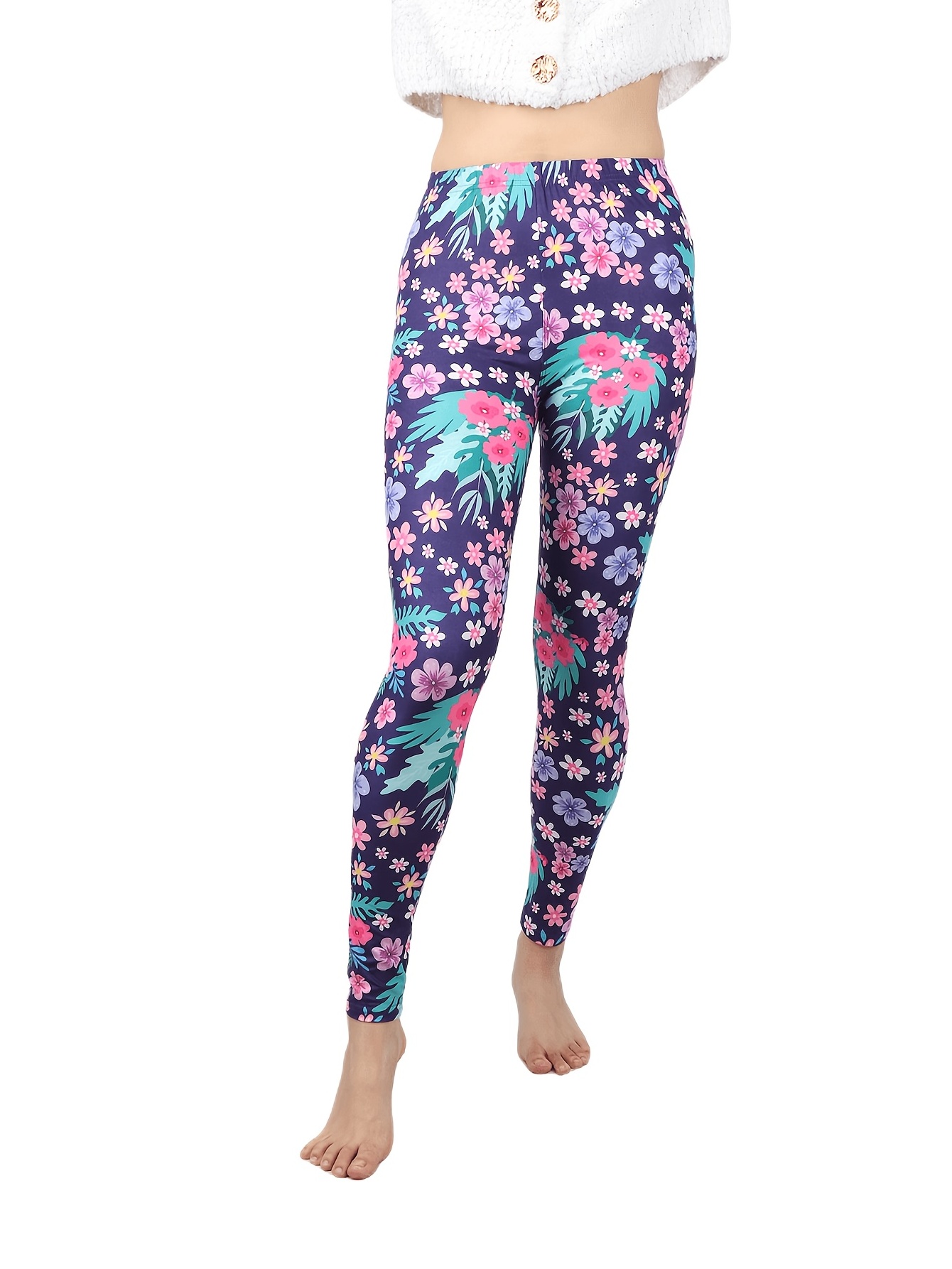 Floral Print Skinny Leggings Casual Every Day Stretchy - Temu