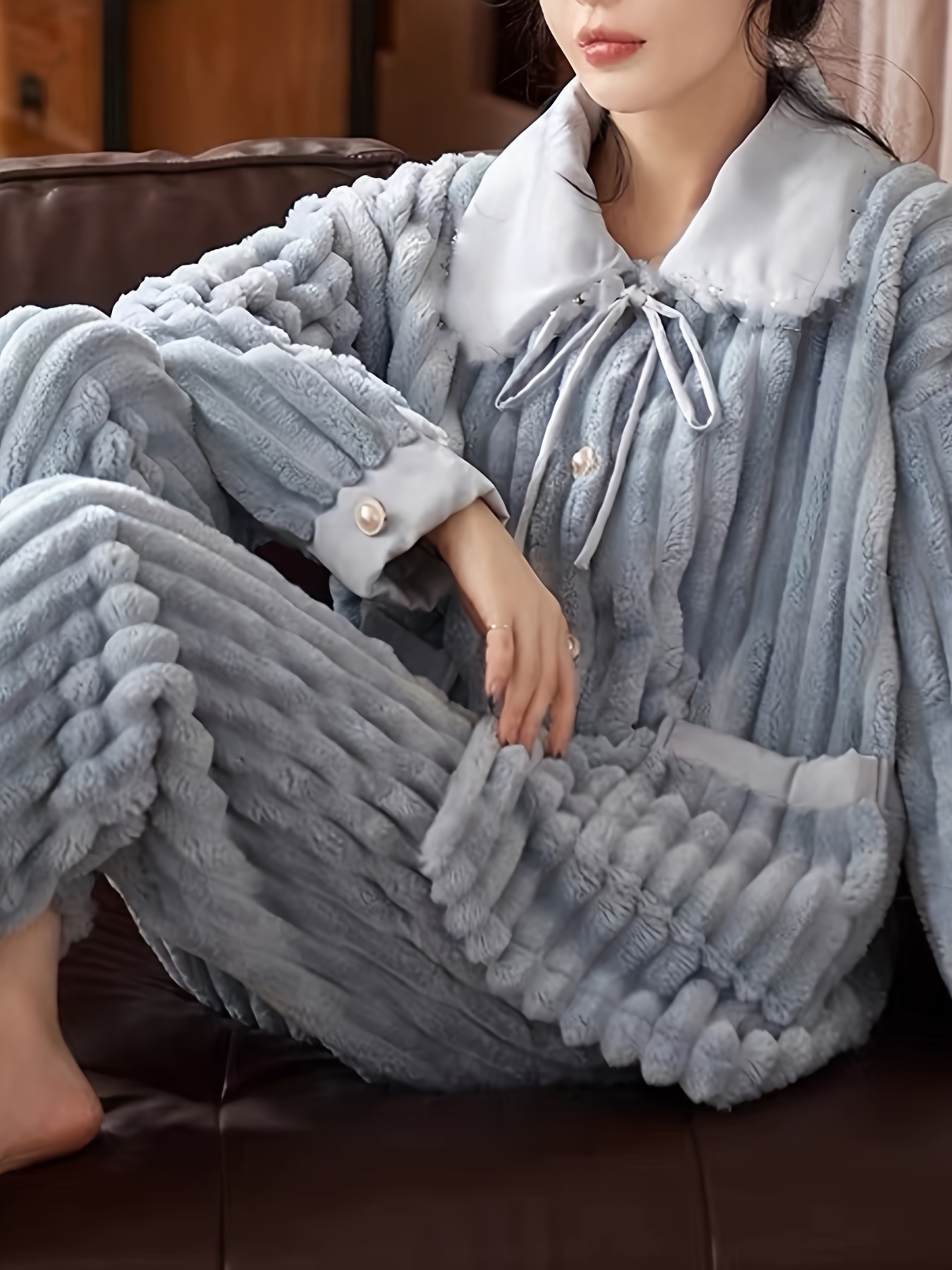 Soft & Cute Thick Fuzzy Hoodie Pajamas Set, Button Up Pajama Outerwear,  Women's Loungewear & Sleepwear