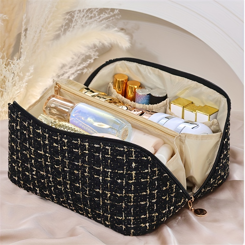 Portable Simple Plaid Cosmetic Bag, Lightweight Storage Makeup Bag