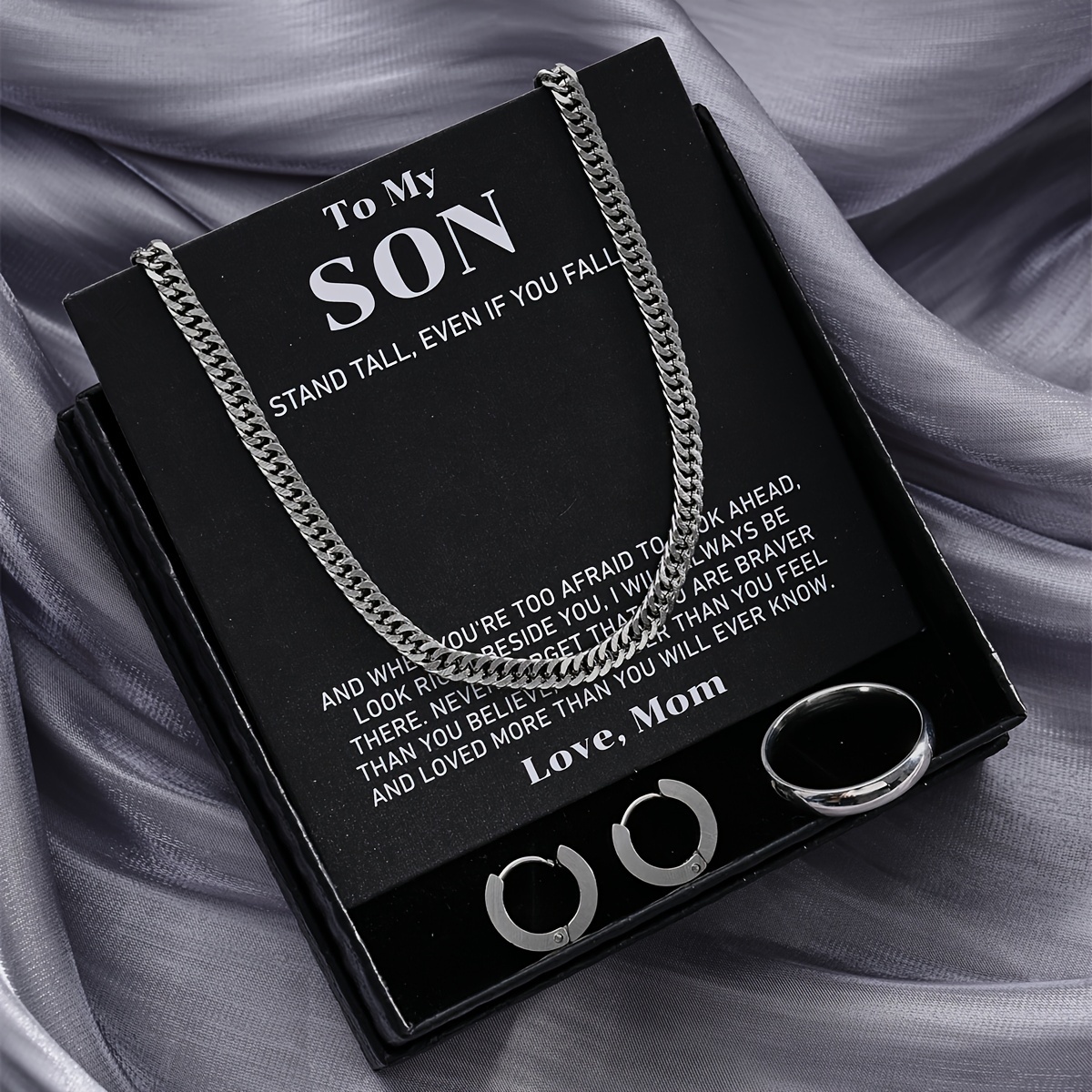 Silvery Men's Minimalist Hip Hop Necklace Ring Ear Clip Set - Temu