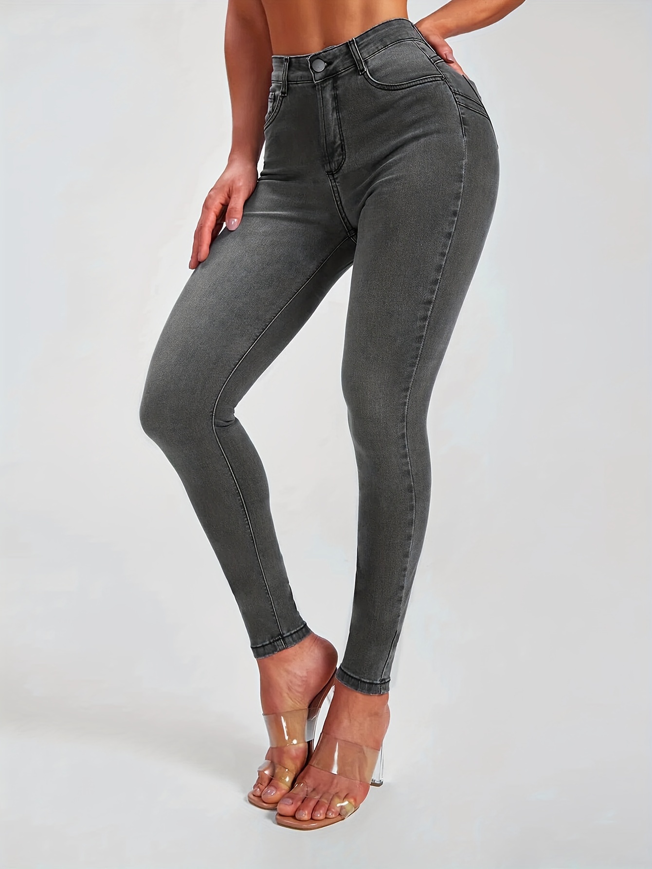 Plain Grey Elastic Waistband Skinny Jeans Hem High - Temu United Kingdom