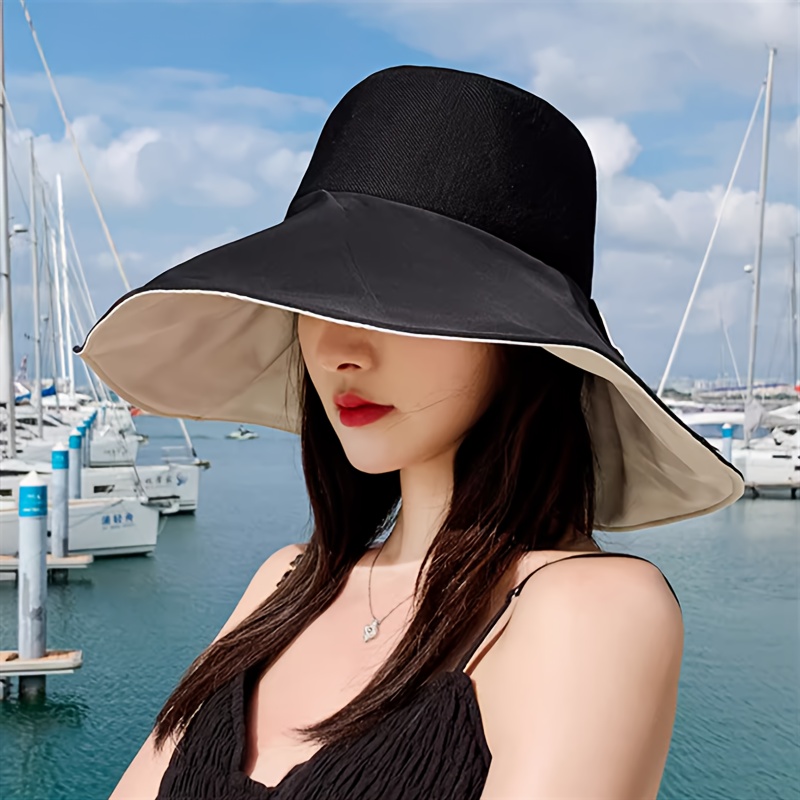 Trendy Bow Knot Sun Hat Solid Color Uv Protection Wide Brim - Temu