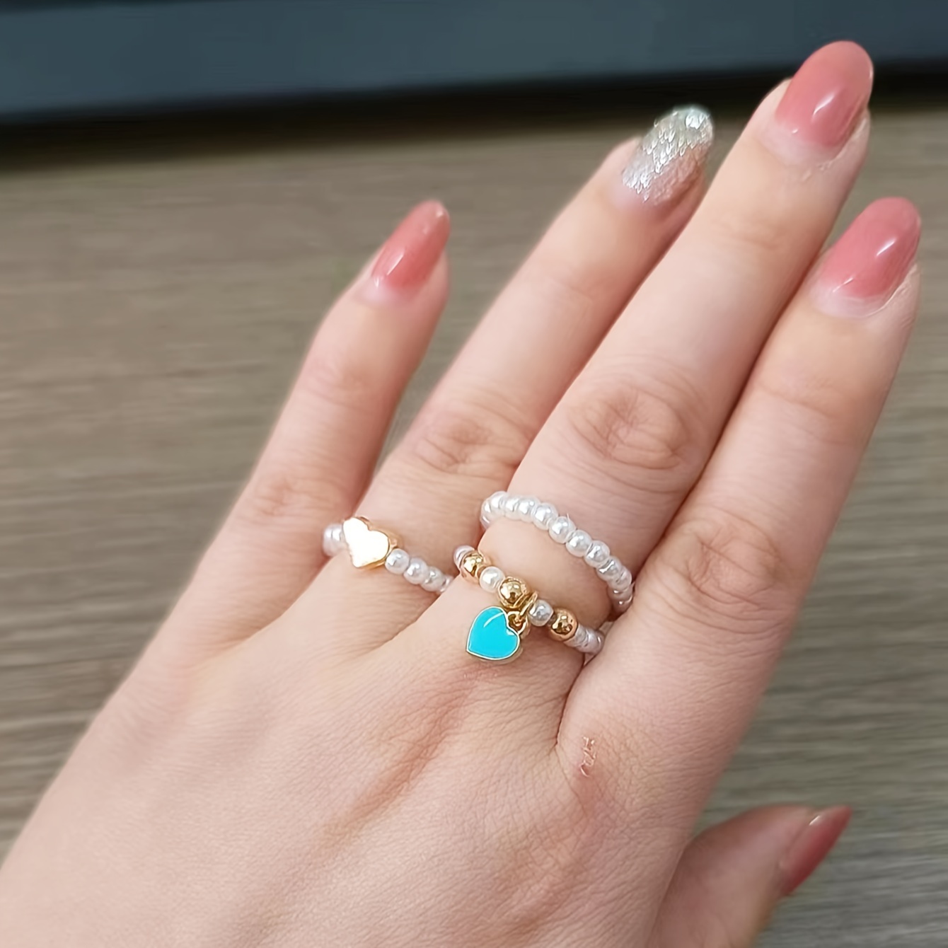 Vintage Heart Ring Set Elastic Irregular Faux Pearl Beaded Love Drop Ring