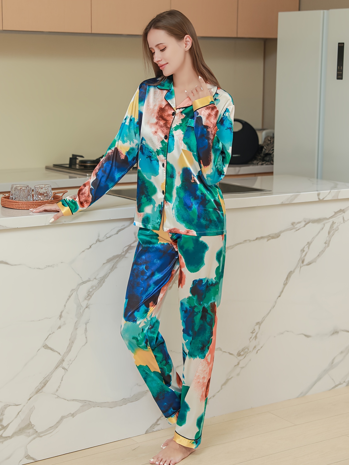 Satin Floral Print Colorblock Pajama Pants Set