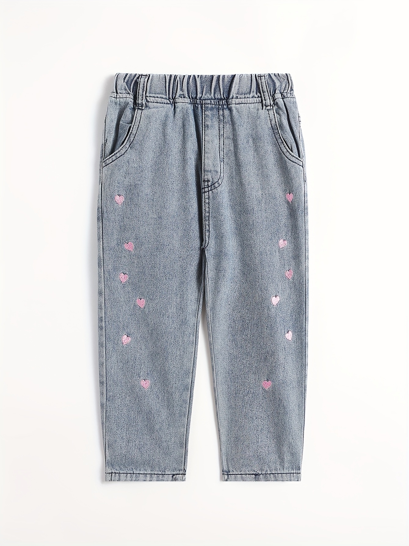Girls Heart Embroidered Jeans Casual Denim Wide Leg Pants - Temu