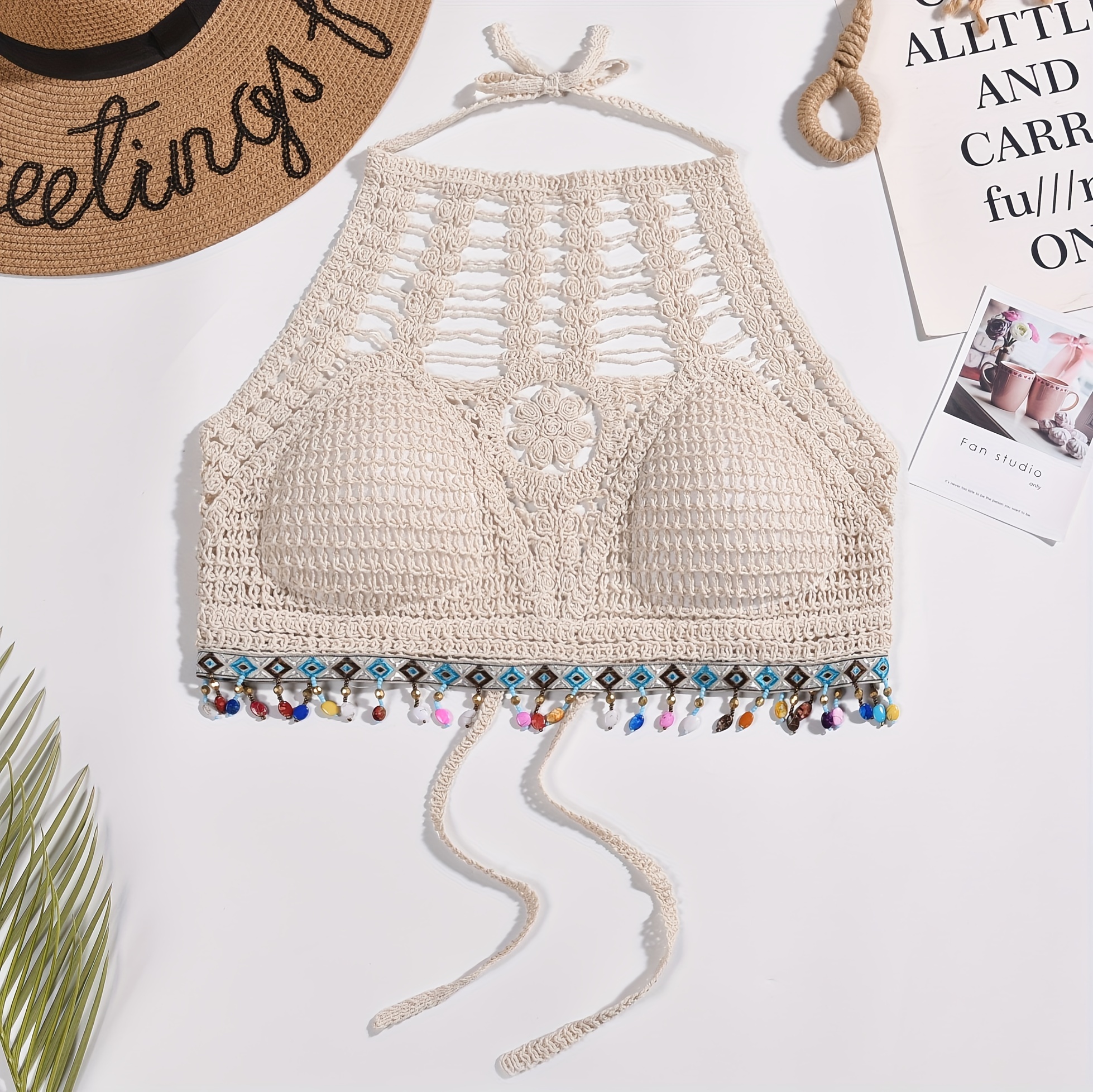 1pc Boho Chic Hollow-Out Crochet Halter Neck Tankini Top for Women, Knitted Rayon/Viscose Fabric, Adult Beachwear with Built-in Padding, Solid Color Design, Stretchable, 130g/m? Lightweight