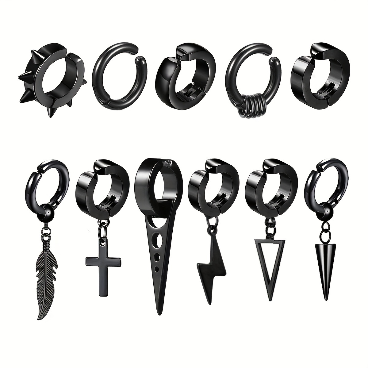 11pcs/set Punk Hip-Hop Clip Earrings, Rivet Ear Clips, Feather Pendant Ear Clips, Stainless Steel Non Perforated Ear Clip for Men,Temu