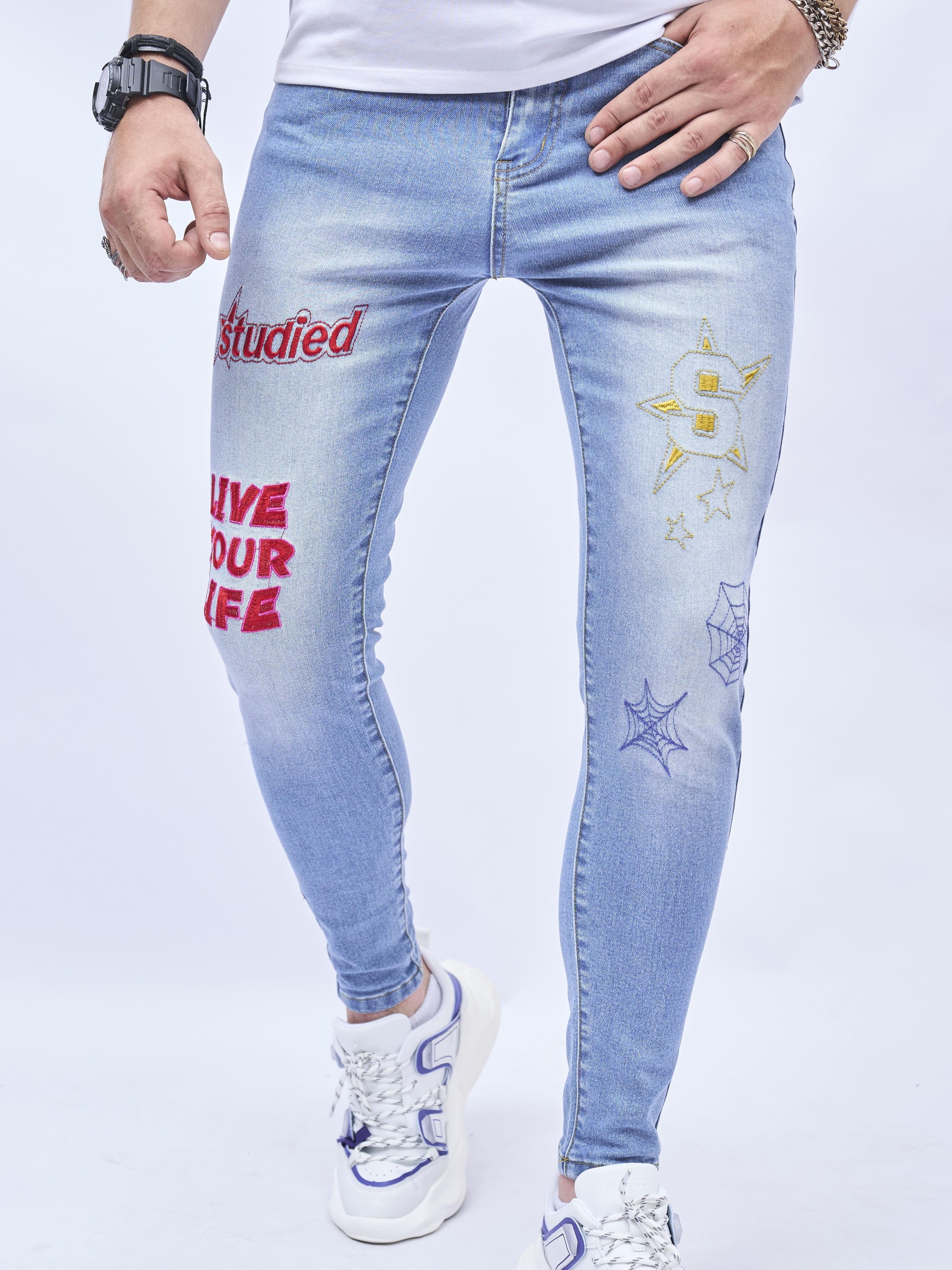 Chic Letter Print Slim Fit Jeans, Men's Casual Medium Stretch Street Style Denim  Pants For All Seasons - Temu