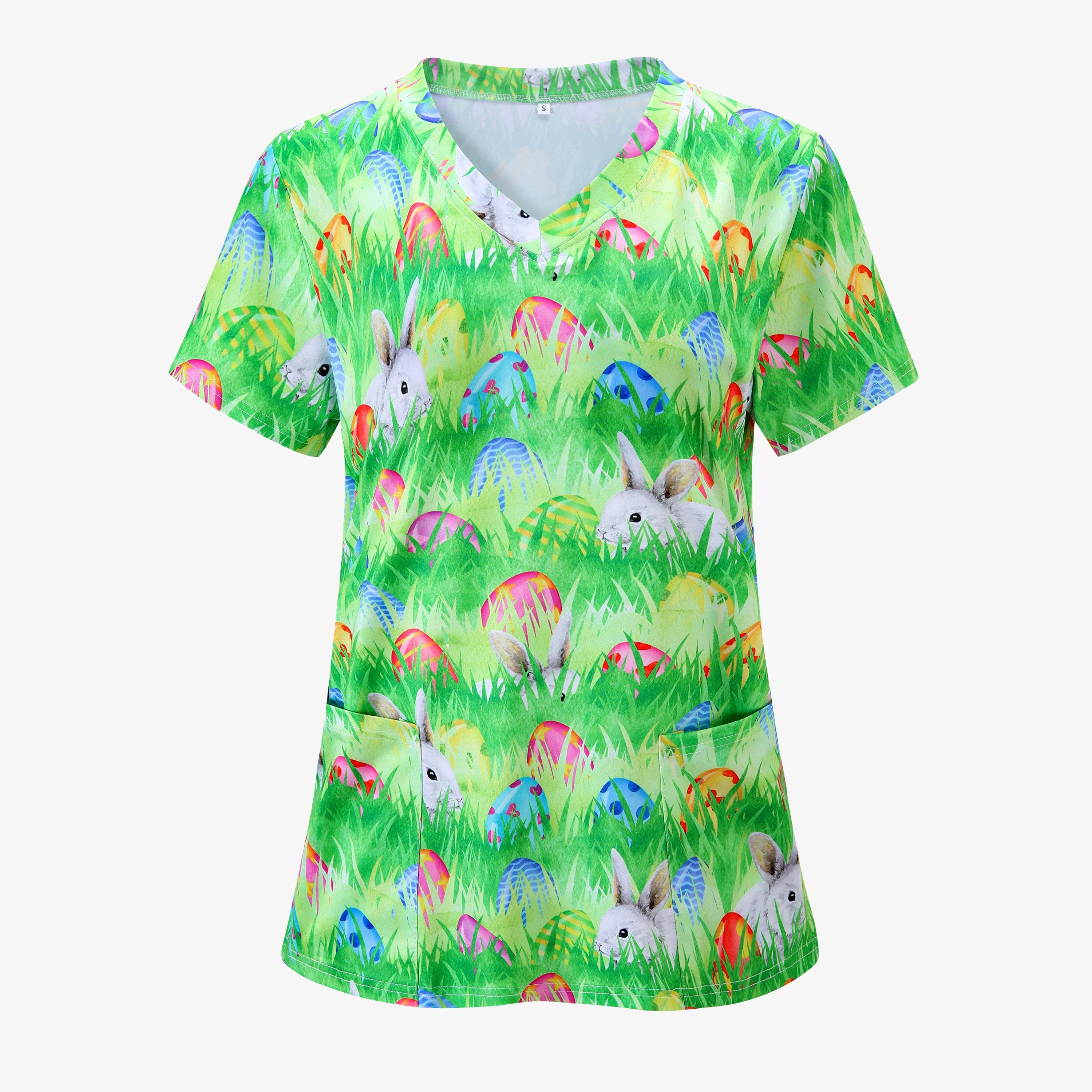 Cute Bunny Print Stretchy Scrubs Top Functional Patched - Temu