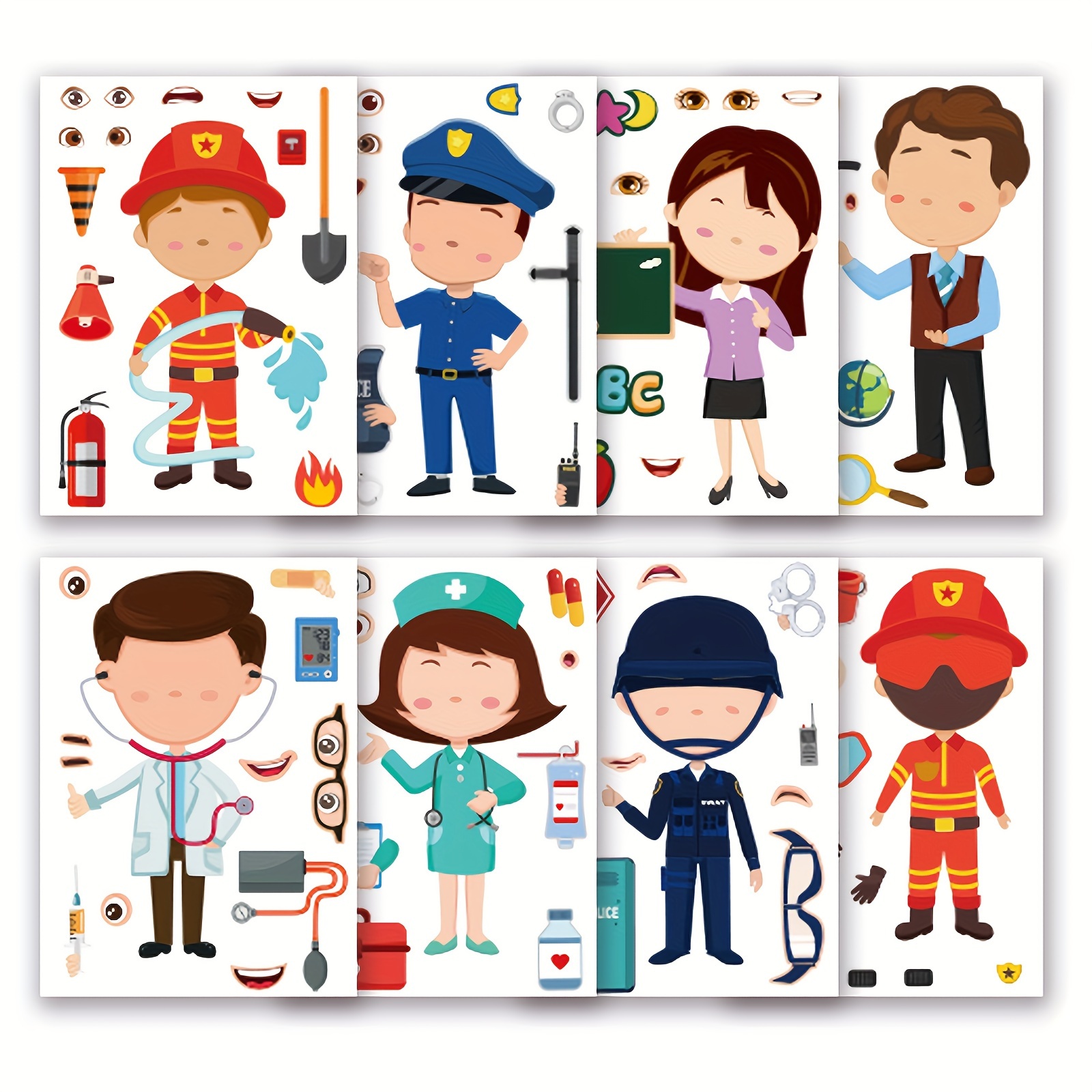 

8 Sheets Cute Professional Worker Puzzle Stickers, Cartoon Face-changing Stickers, Birthday Gift