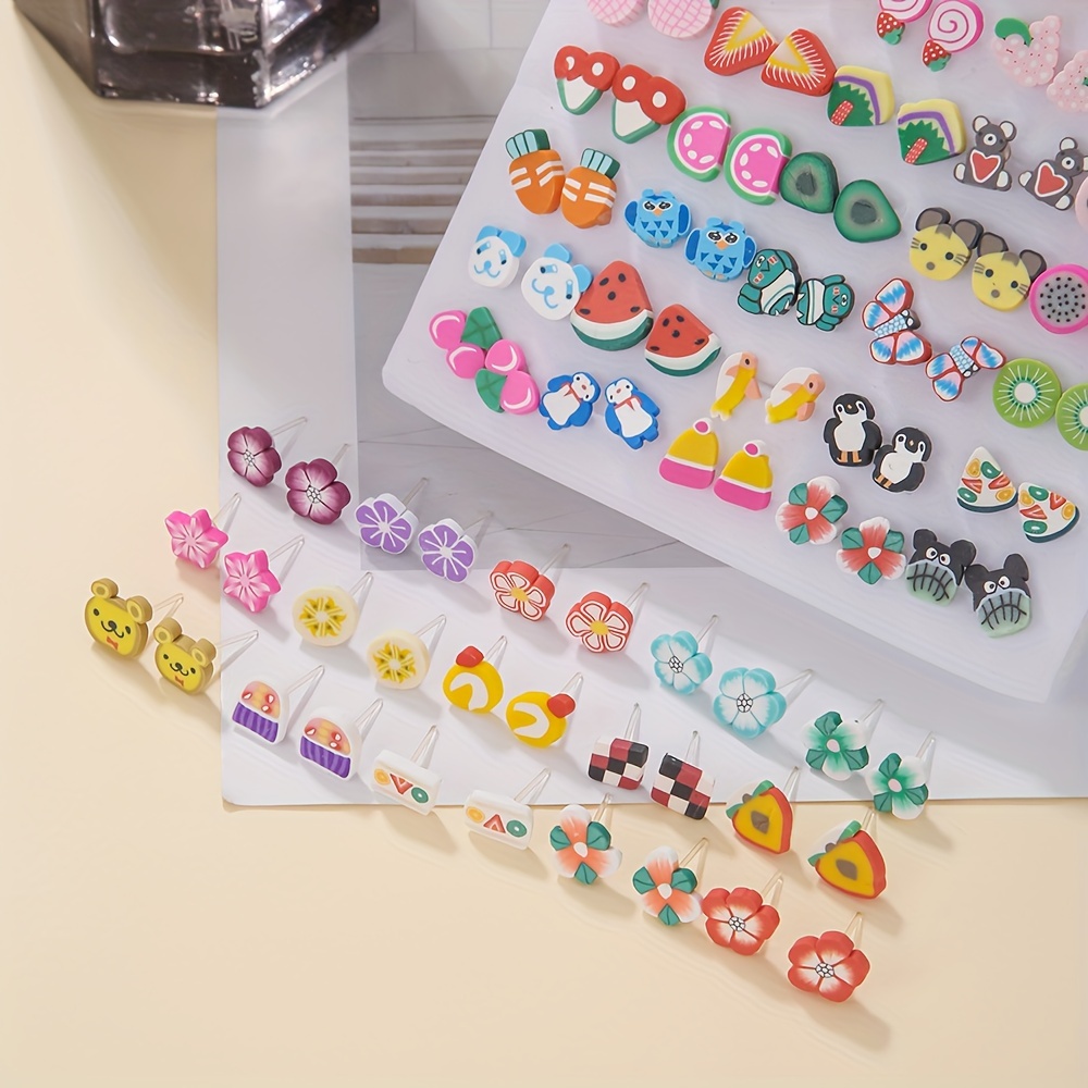 Boho Cartoon Stud Earrings Set Animal & Fruit Designs Colorful Resin