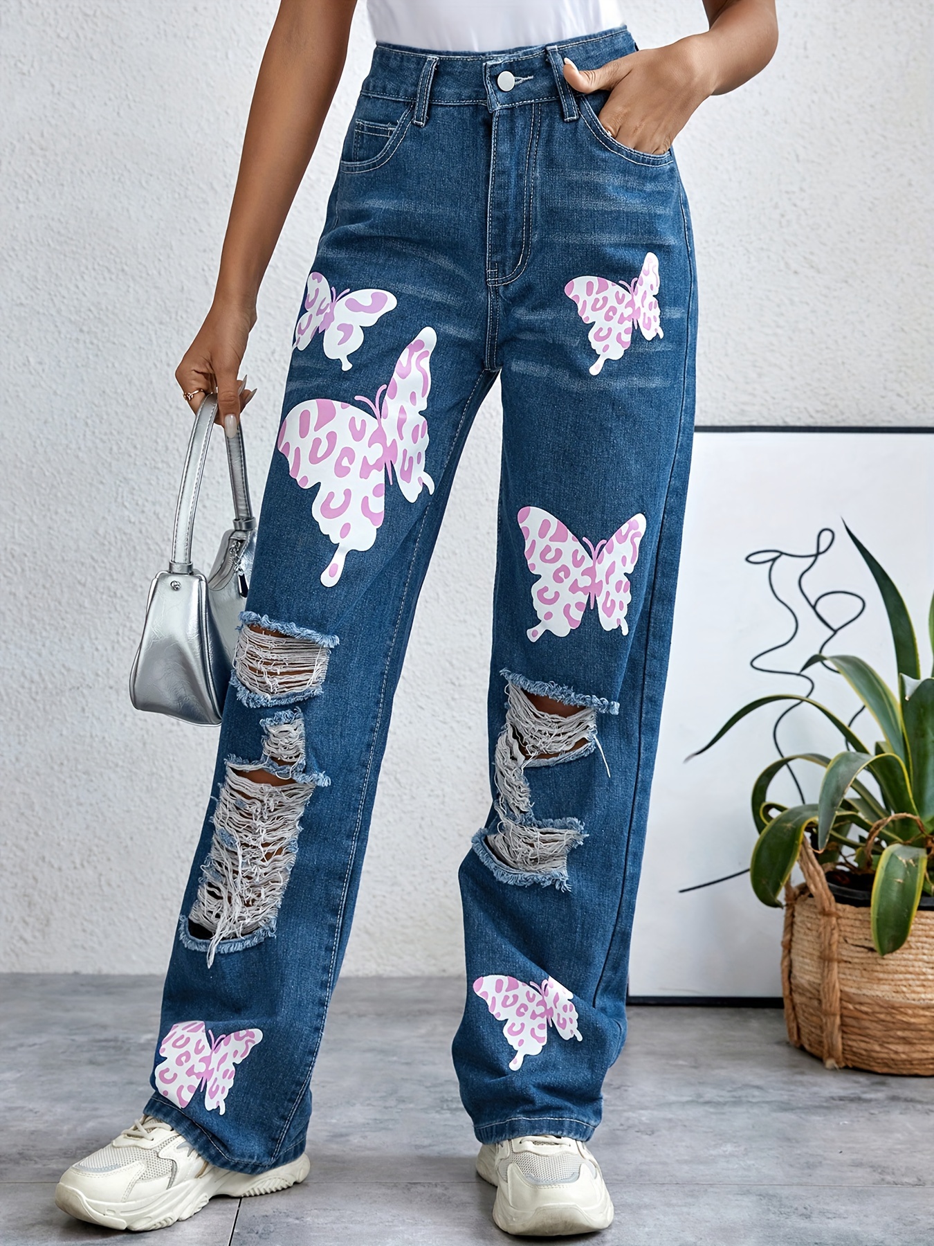 Floral Jacquard Loose Fit Denim Pants Slash Pocket Cute Wide - Temu