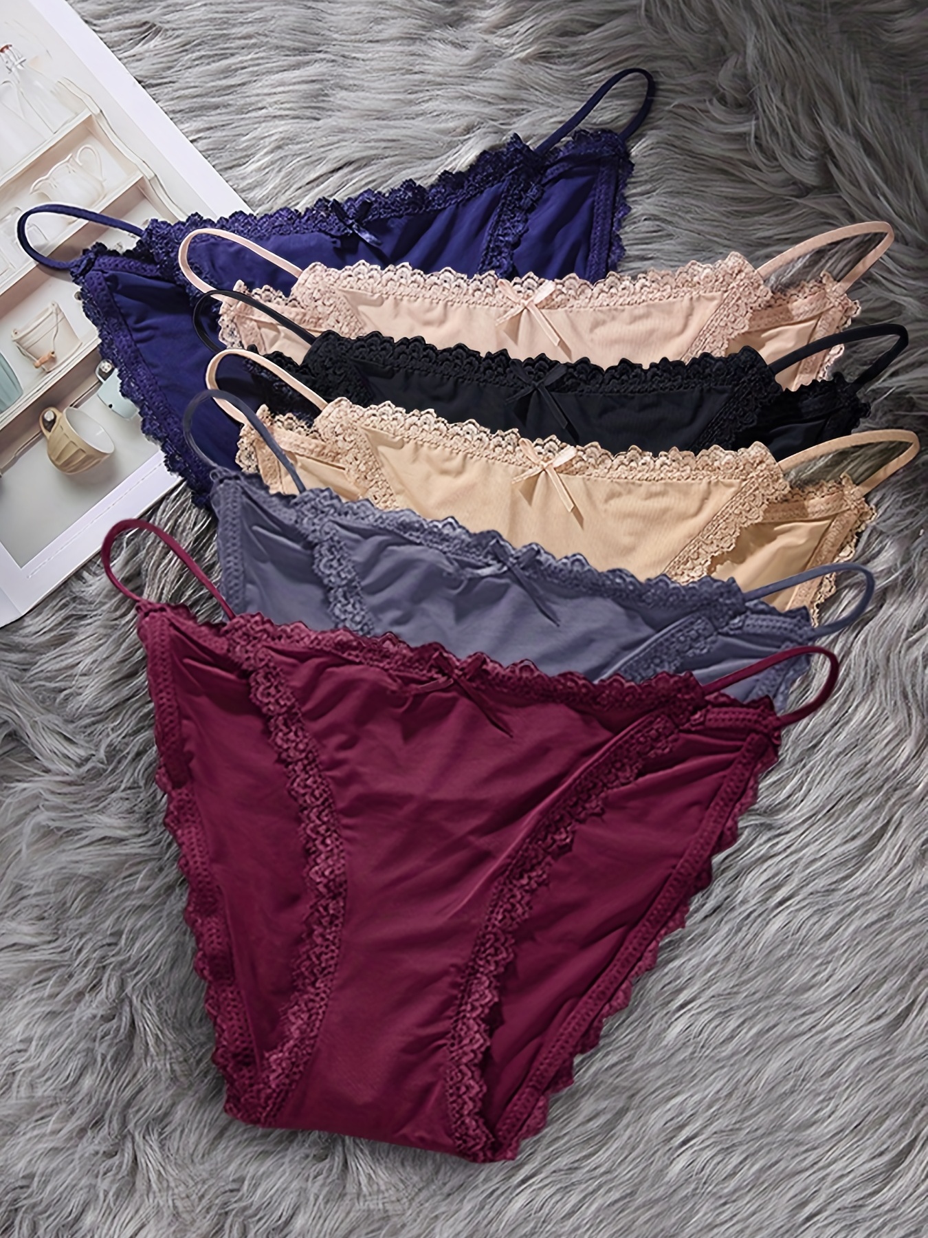 6pcs Contrast Lace Panties, Soft & Comfy Low Waist Stretchy Panties,  Women's Lingerie & Underwear